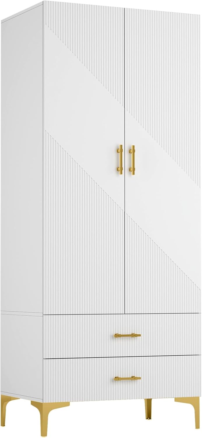 Alt View 4. Tiramisubest - Wardrobe Armoire with 2 Drawers and Hanging Rods,Twill Wooden Closet Storage with Metal Cabinet Legs,White(Right Modern) - White.
