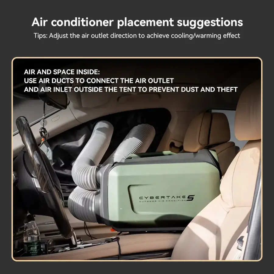 Air conditioner placement suggestions:

1. Tips: Adjust the air outlet direction to achieve cooling/warming effect.
2. Air and space inside: Use air ducts to connect the air outlet and air inlet outside the tent to prevent dust and theft.
3. CyberTake's position: Connect the air outlet and air inlet outside the tent to prevent dust and theft.