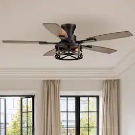 Siljoy - 52 inch Farmhouse Flush Mount Ceiling Fan with Lights 5 Dual Color Blades for Patio Bedroom Living Room - Matte Black
