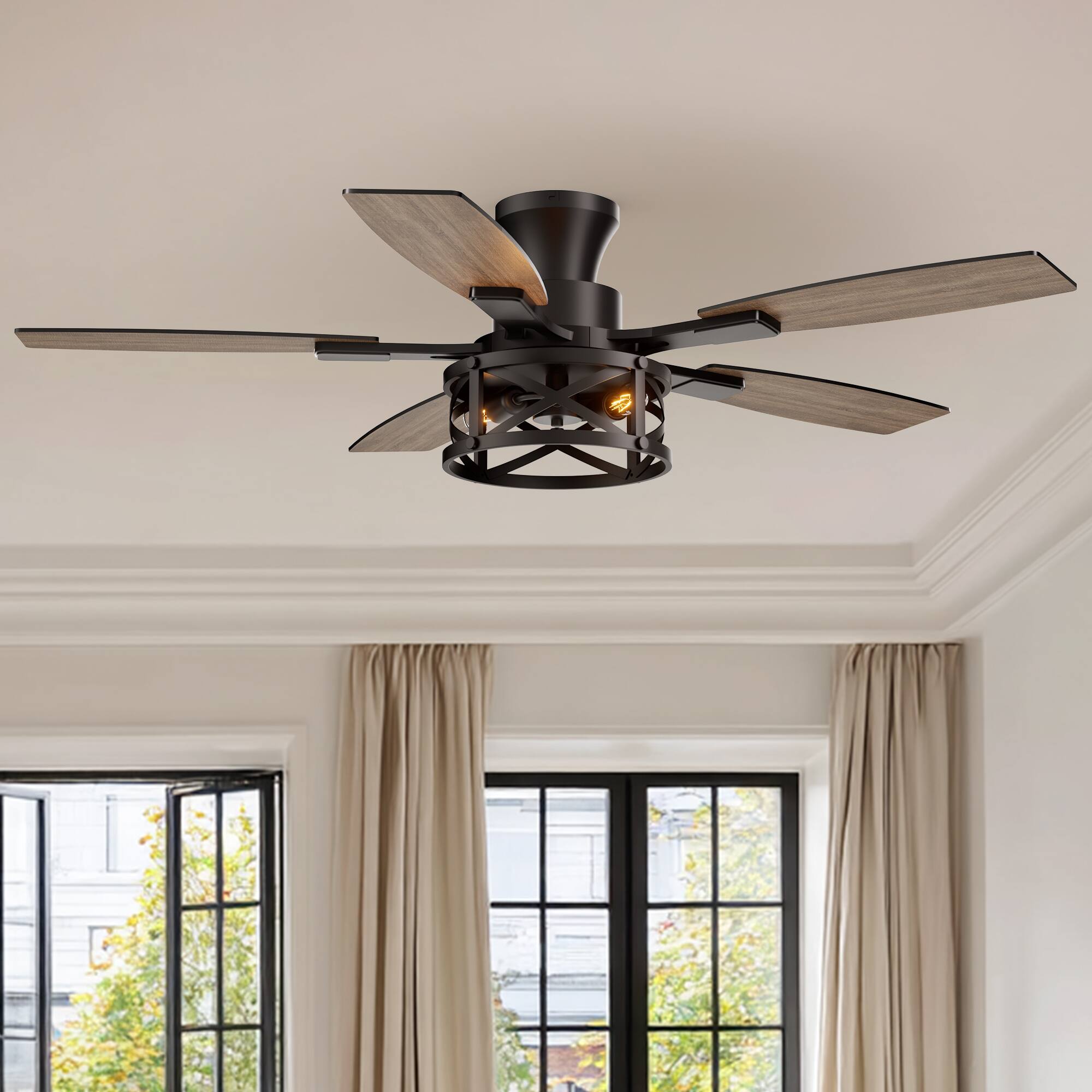 Angle. Siljoy - 52 Inch Black Farmhouse Flush Mount Ceiling Fan With Lights and Remote for Patio Bedroom Living Room - Matte Black.