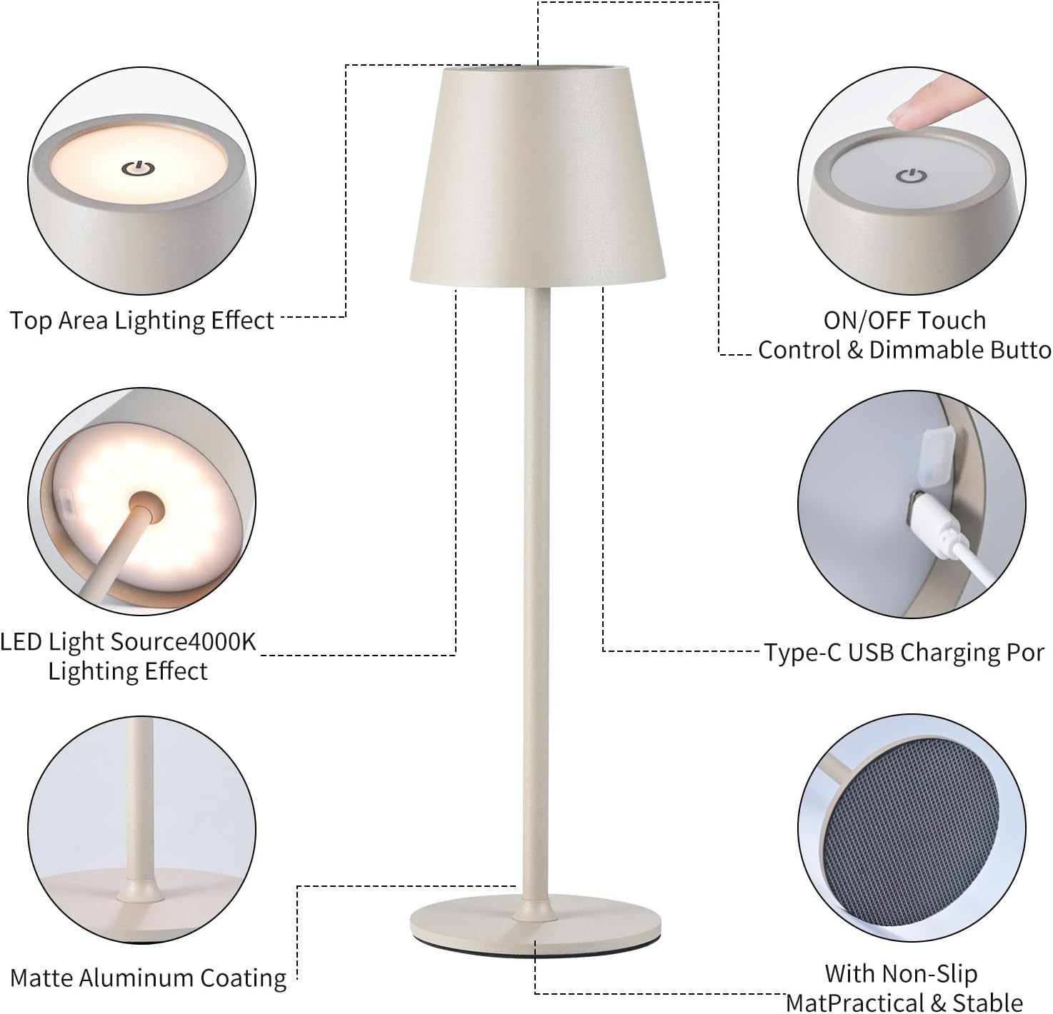 - Top Area Lighting Effect
- LED Light Source 4000K Lighting Effect
- ON/OFF Touch Control & Dimmable Button
- Type-C USB Charging Port
- Matte Aluminum Coating
- With Non-Slip Mat
- Practical & Stable