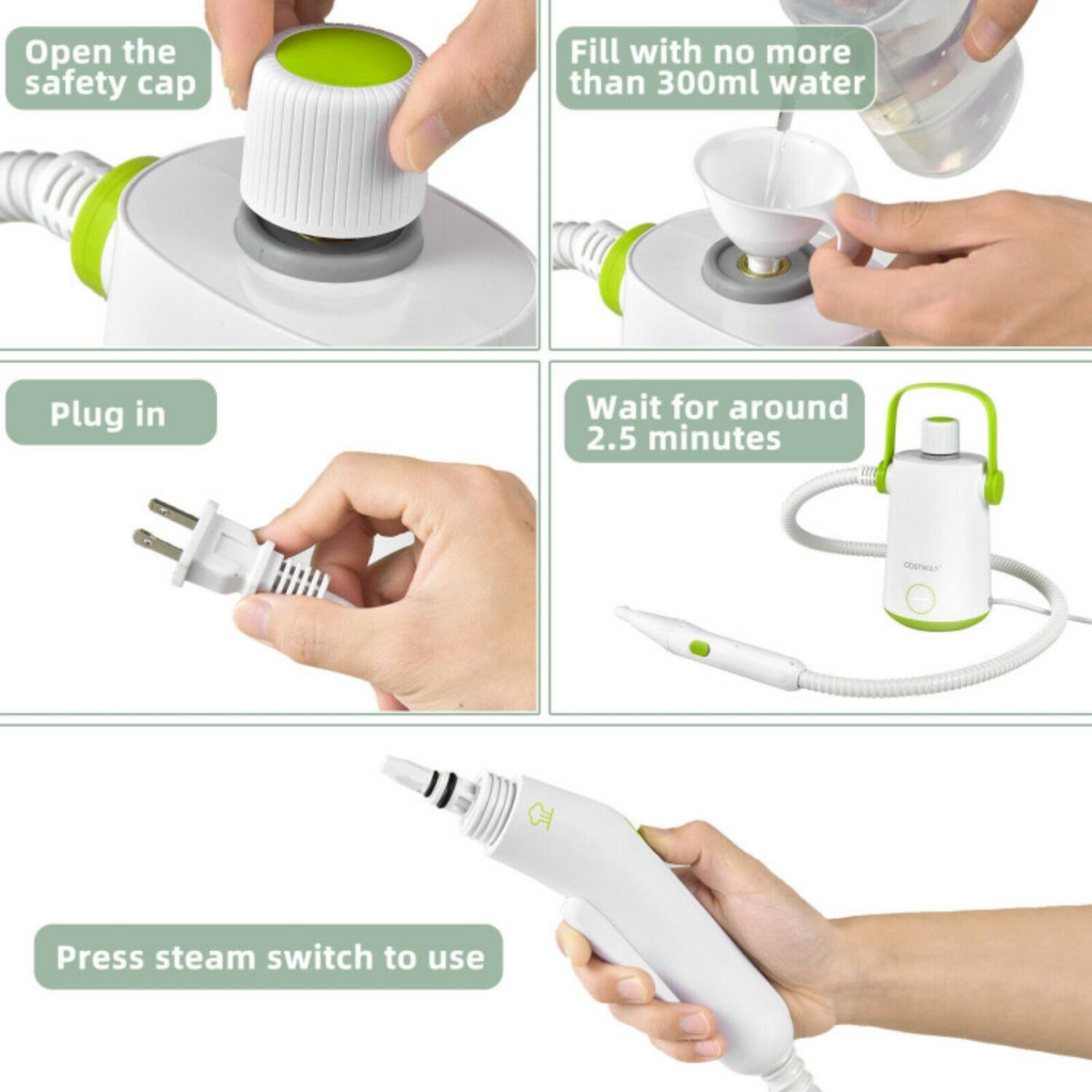 Open the safety cap  
Fill with no more than 300ml water  
Plug in  
Wait for around 2.5 minutes  
Press steam switch to use