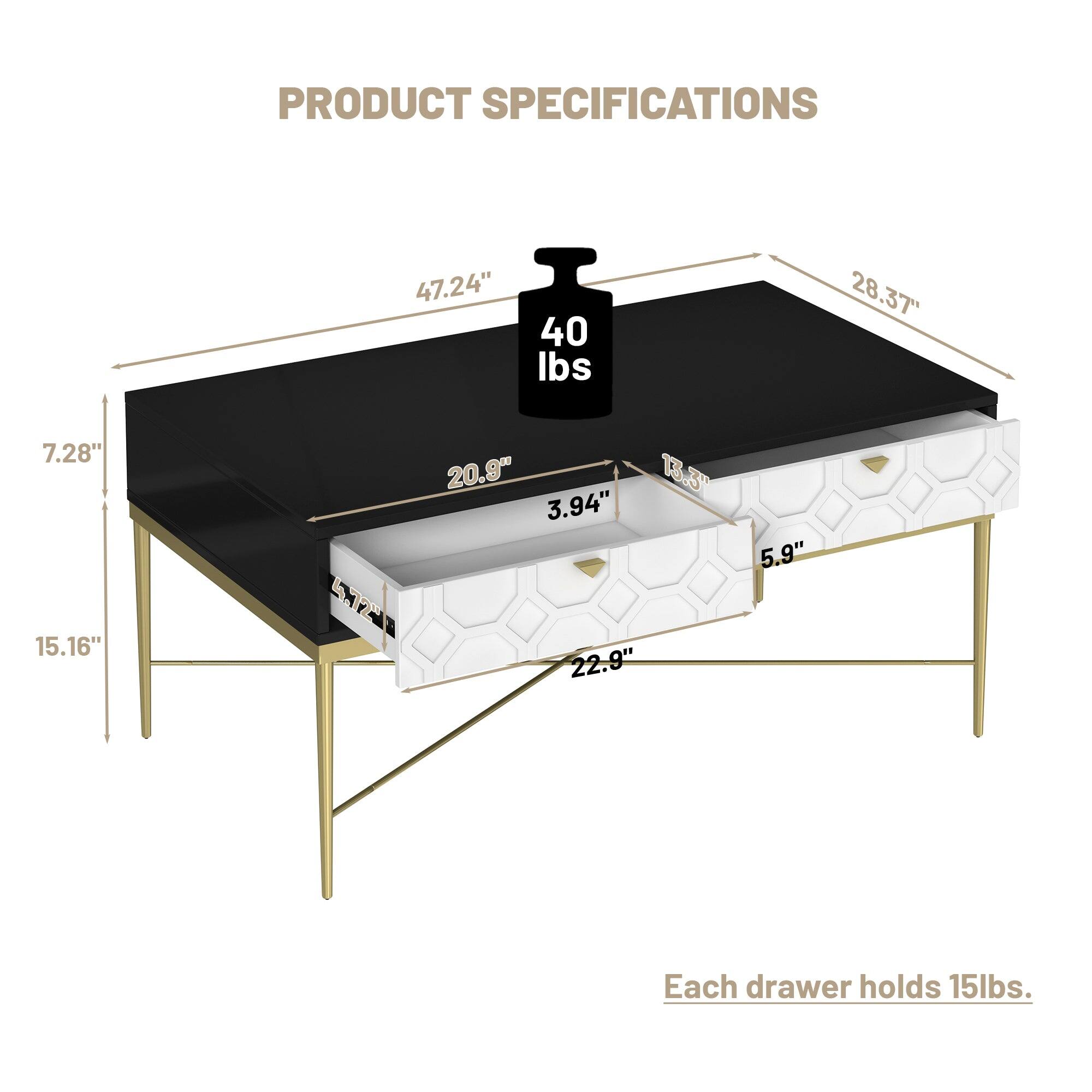 PRODUCT SPECIFICATIONS 47.24" 40 lbs 28.37" 7.28" 15.16" 20.9" 13.3 3.94" 22.9" 5.9" Each drawer holds 15lbs.