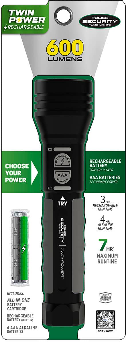 Twin Power Security Flashlights are rechargeable and come with a 600 lumen output. The flashlights allow you to choose between primary and secondary power sources, with the option of using either AAA alkaline or rechargeable batteries. The flashlights have a 3-hour rechargeable run time and a 7-hour maximum runtime. The package includes an all-in-one battery cartridge and a limited lifetime warranty.