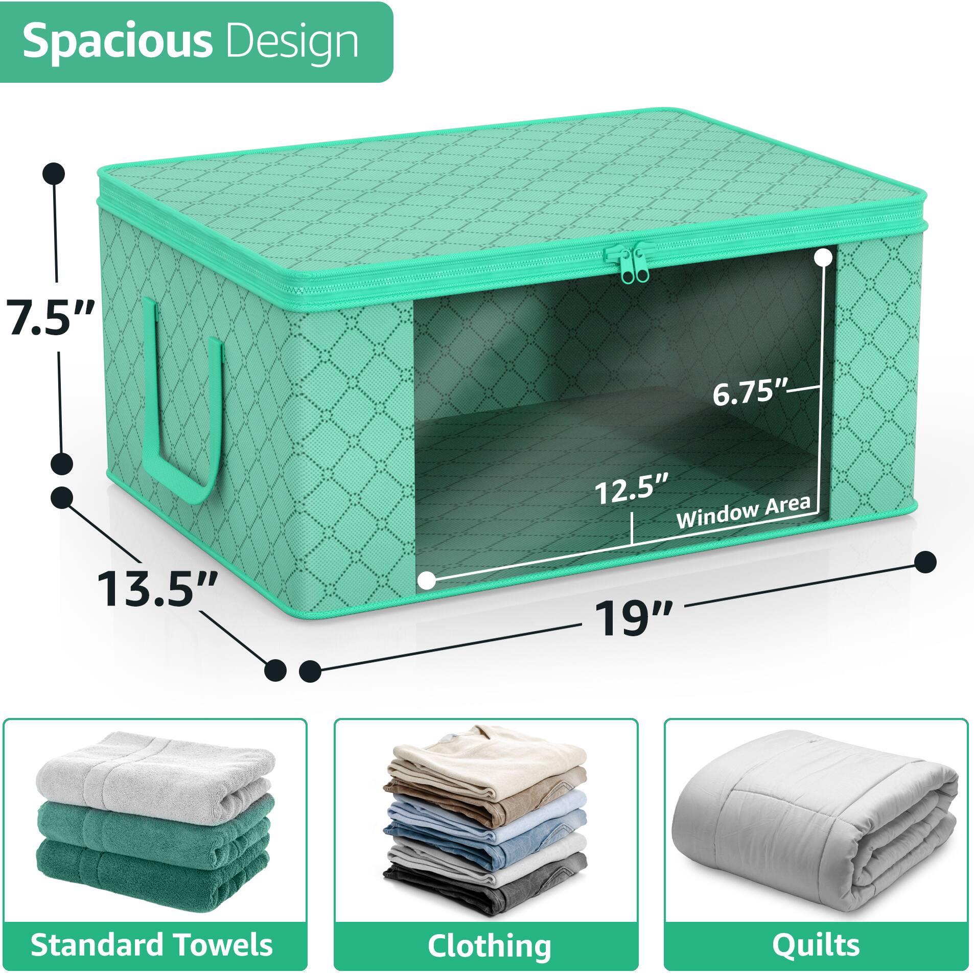 Spacious Design

- 7.5"
- 6.75"
- 12.5" Window Area
- 13.5"
- 19"

Standard Towels
Clothing
Quilts