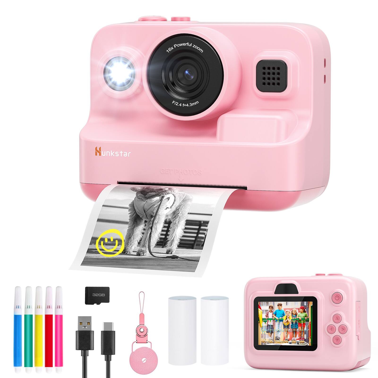 Hunkstar - Kids Camera Instant Print, Dual Lens 1080P HD Camera with 32GB MicroSD Card, Christmas Birthday Gifts for Girls Boys - Pink