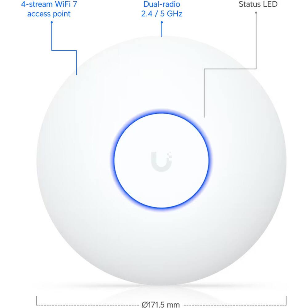 4-stream WiFi 7 access point  
Dual-radio 2.4 / 5 GHz  
Status LED  
Ø171.5 mm