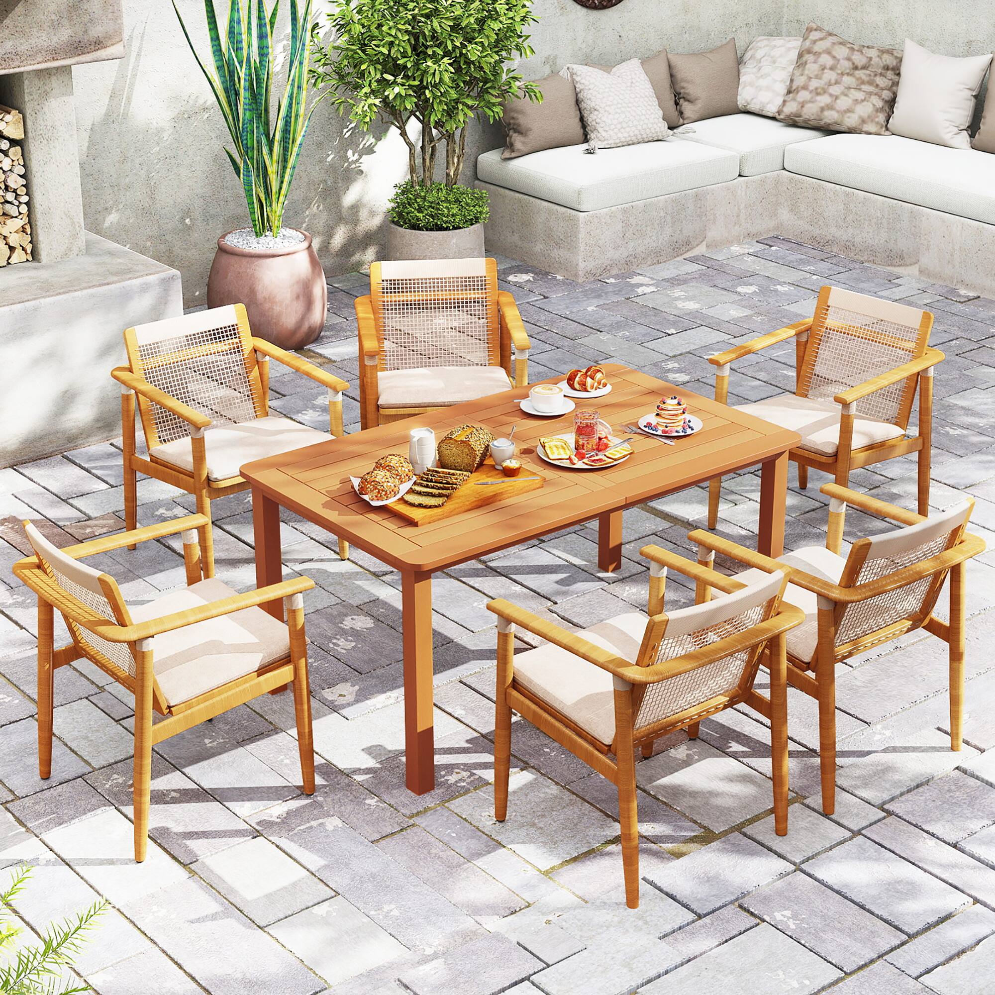 Alt View 3. Gymax - Gymax Patio Solid Wood Dining Table w/ Umbrella Hole Teak Oil Finish Rectangular - Natural.