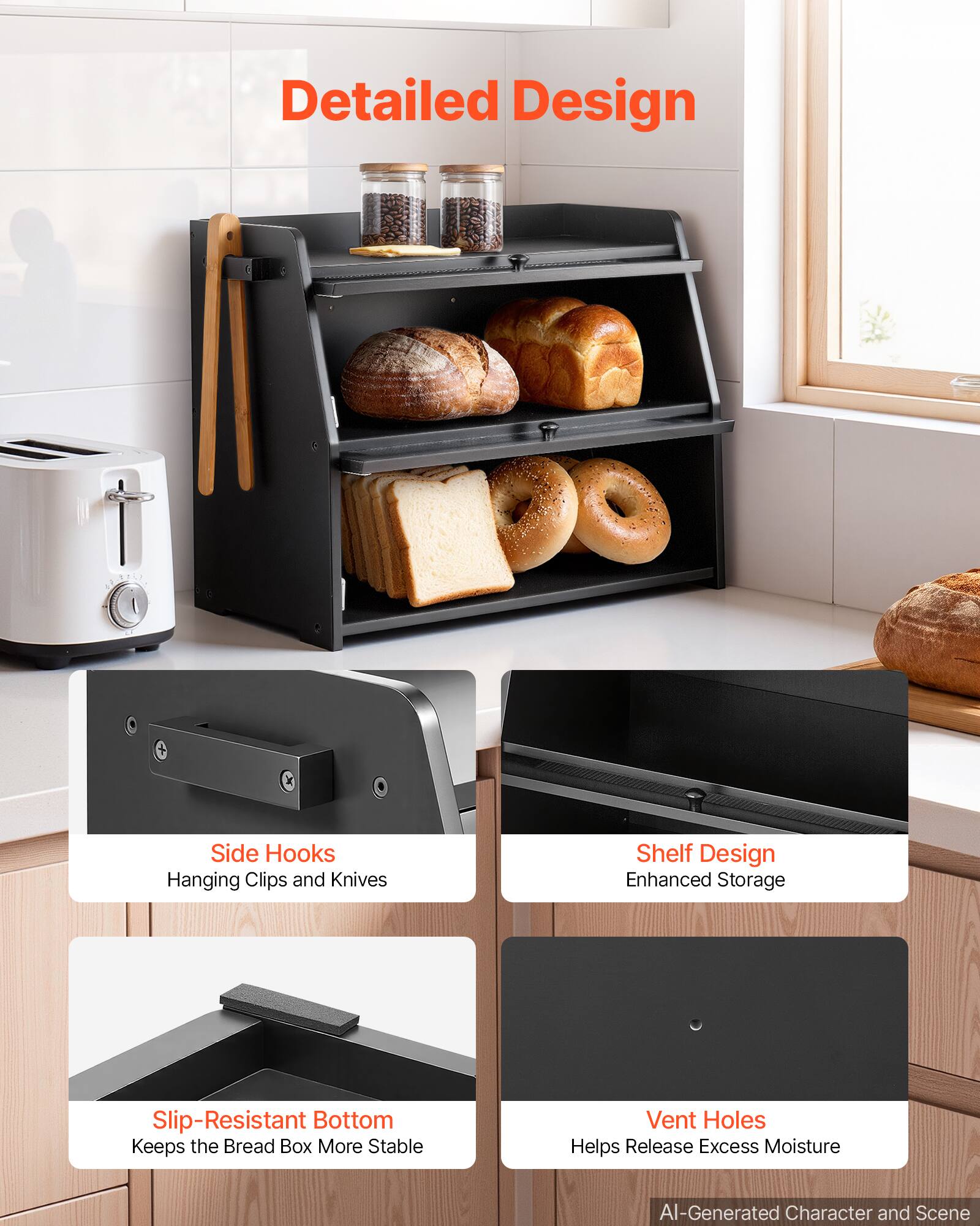 Detailed Design

Side Hooks
Hanging Clips and Knives

Shelf Design
Enhanced Storage

Slip-Resistant Bottom
Keeps the Bread Box More Stable

Vent Holes
Helps Release Excess Moisture

AI-Generated Character and Scene