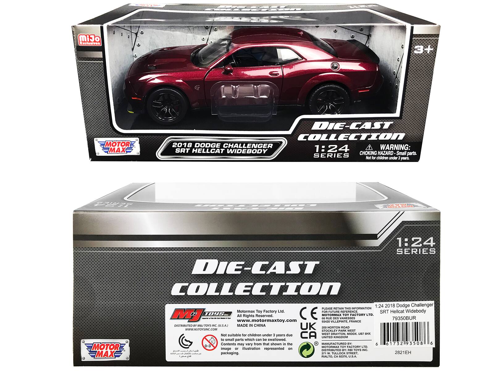 AR MiJo relusives 3+ MOTOR MAX DIE-CAST COLLECTION 2018 DODGE CHALLENGER WARNING: SRT HELLCAT WIDEBODY 1:24 CHOKING HAZARD Small parts. SERIES Not for children under 3 years. 1:24 SERIES DIE-CAST COLLECTION 1:24 2018 Dodge Challenger PLEASE RETAIN THIS INFORMATION Motormax Toy Factory Ltd. All Rights Reserved. MOTORMAX TOY FACTORY LTD. Rights Reserved. RUE DES VANESSES 79350 BUR www.motormaxtoy.com 90420 VILLEPINTE FRANCE DISTRIBUTED BY MI TOYS - (U.S.A.) MADE IN CHINA UK 2 HORTON TOAD WWW.MIJOYSINC.COM STOCKLEY PARK WEST suitable children 3 WESI GRATTON MOOX Not for under years due CA UNITED to small parts which can be swallowed Contents may vary from that shown in the MANUFACTURED BY MOTOR MAX OT FACTORY LTD.