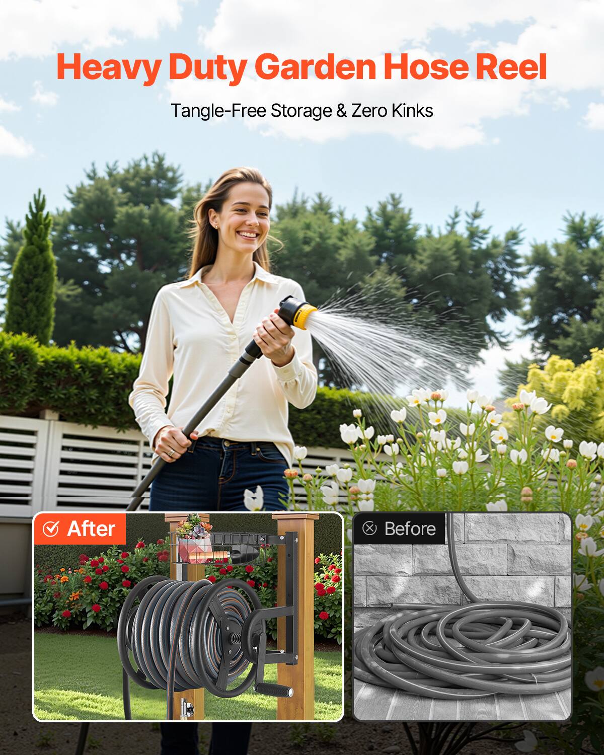 Heavy Duty Garden Hose Reel  
Tangle-Free Storage & Zero Kinks  

After  
Before