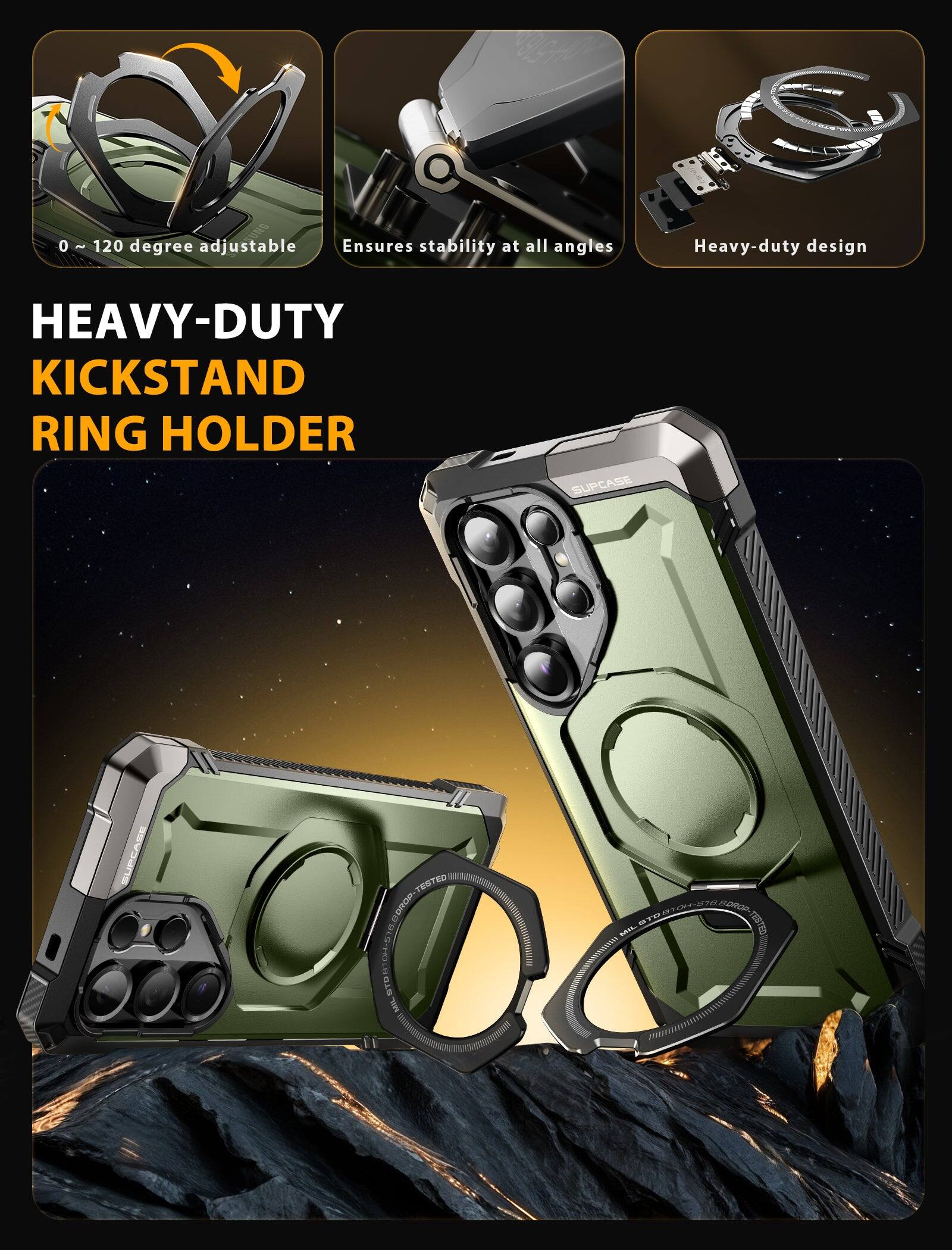 0 - 120 degree adjustable  
Ensures stability at all angles  
Heavy-duty design  

HEAVY-DUTY KICKSTAND RING HOLDER