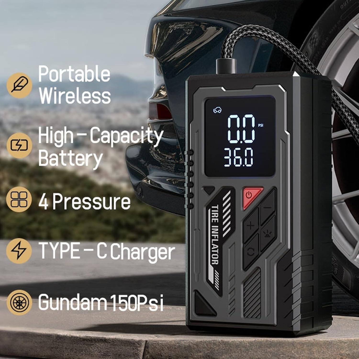 - Portable Wireless
- High-Capacity Battery
- 4 Pressure
- TYPE-C Charger
- Gundam 150PSI