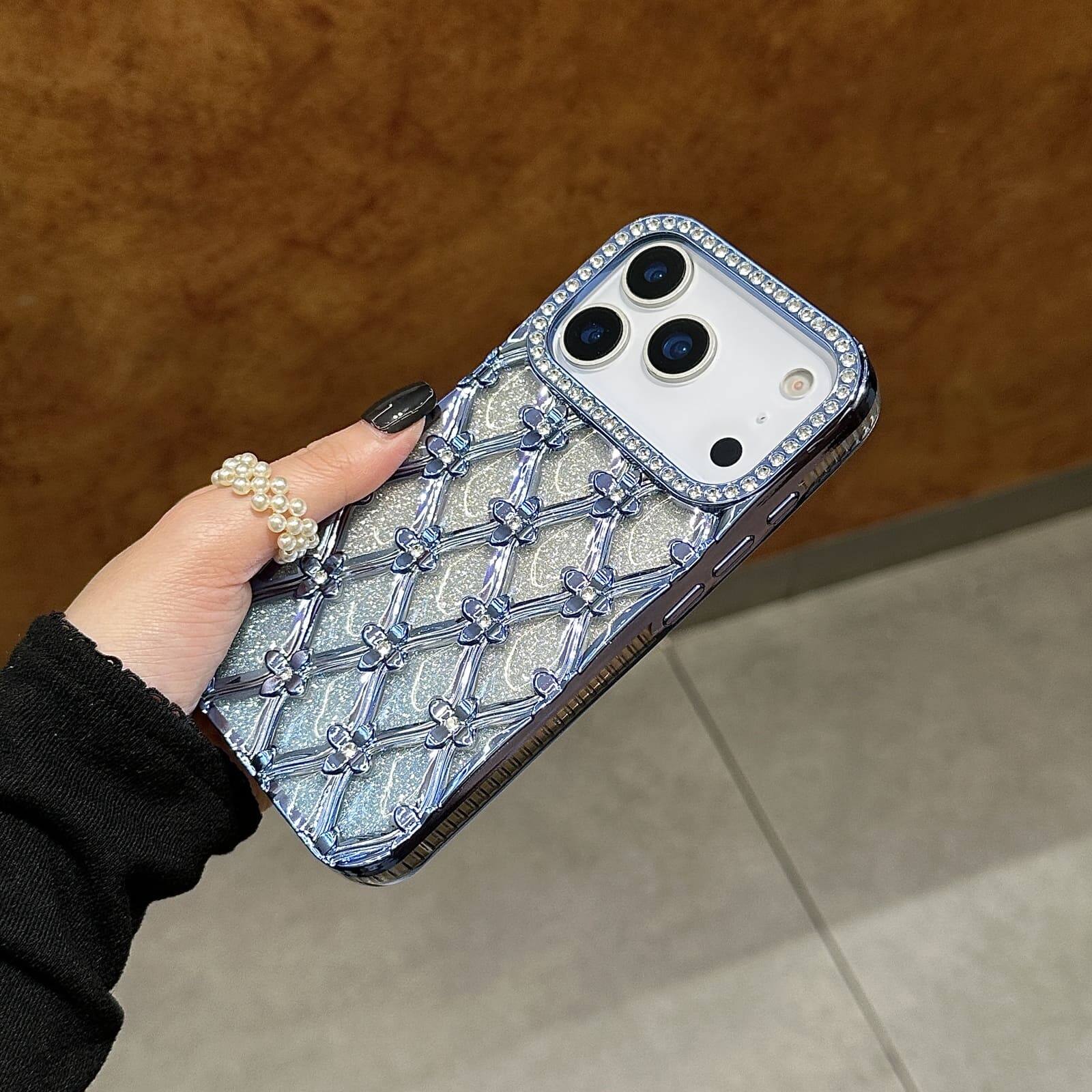 Alt View 5. UUCOVER - Luxury Electroplated Bling Glitter Case for Apple iPhone 18 Pro, Sparkle Rhinestone Diamond Flower Pattern Clear Cover - Blue.