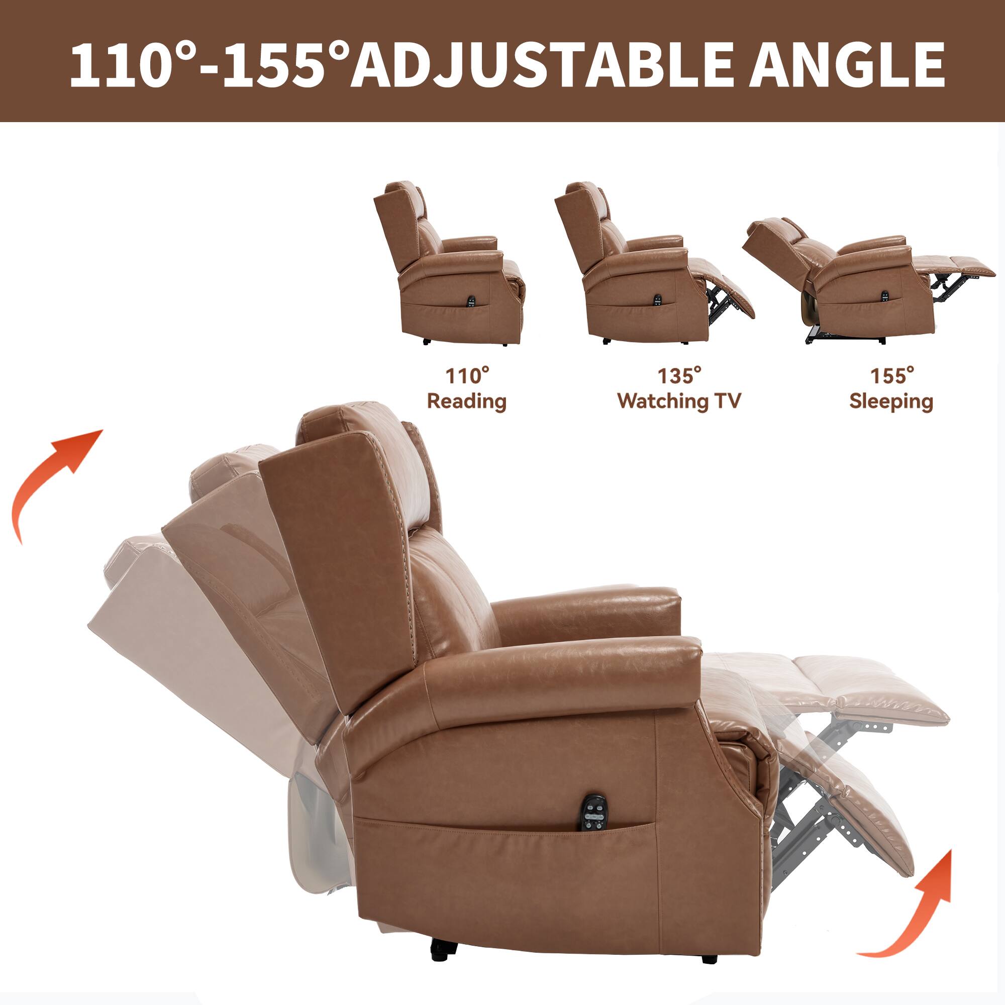 110°-155° Adjustable Angle

110° Reading  
135° Watching TV  
155° Sleeping