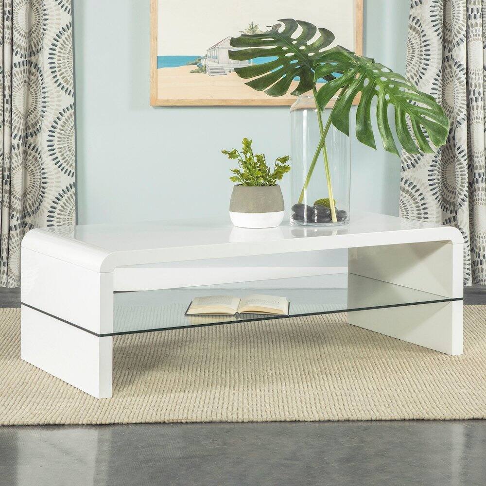 Alt View 5. Coaster Co. of America - Airell Rectangular Coffee Table with Shelf White High Gloss - White.