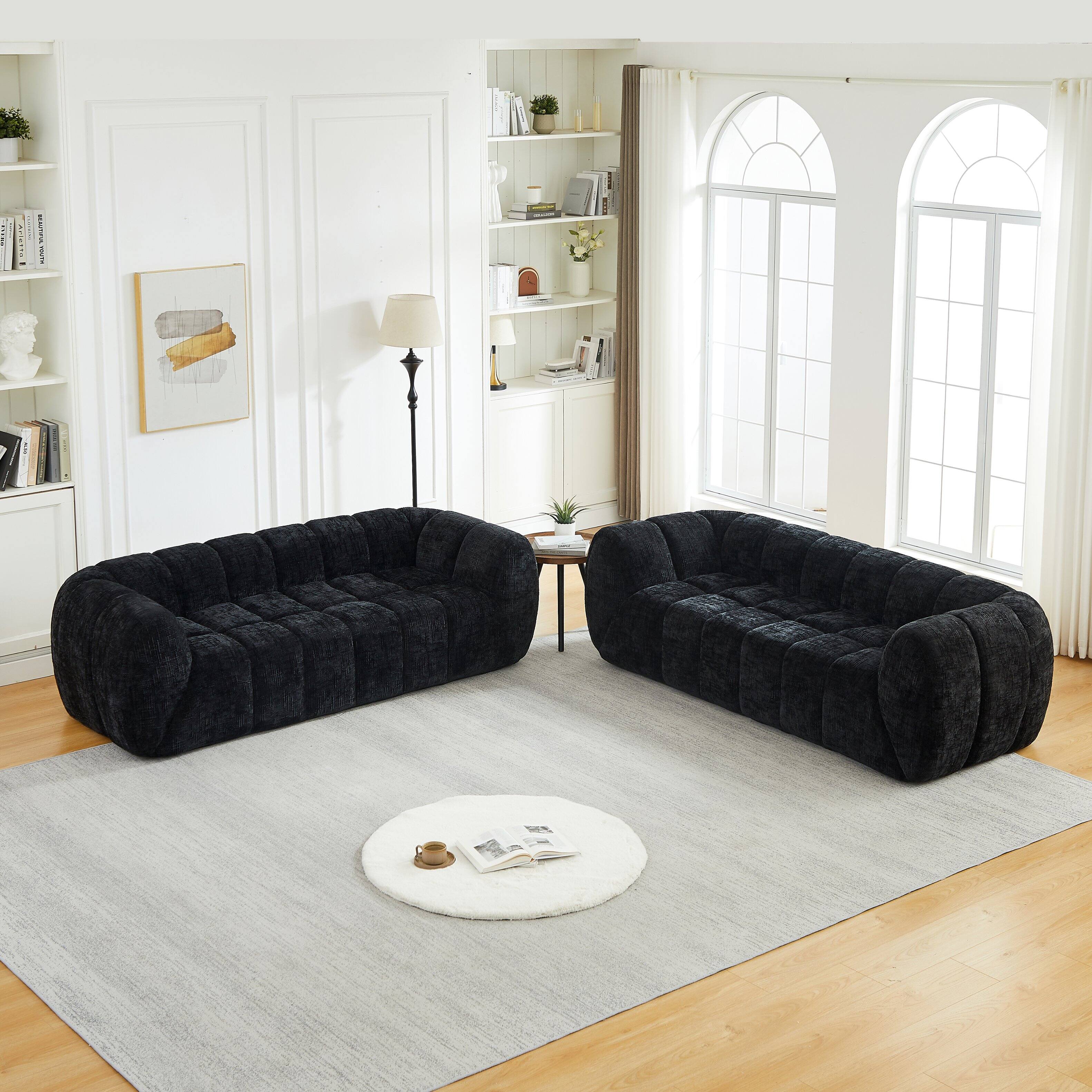 Angle. Anysun - Chenille Pure Foam Sofa Set – 3+3 Modern Quilted Cloud Sofa, Deep-Seat Chenille Sofa, Comfortable Two 3-Seater Sofas - Black.
