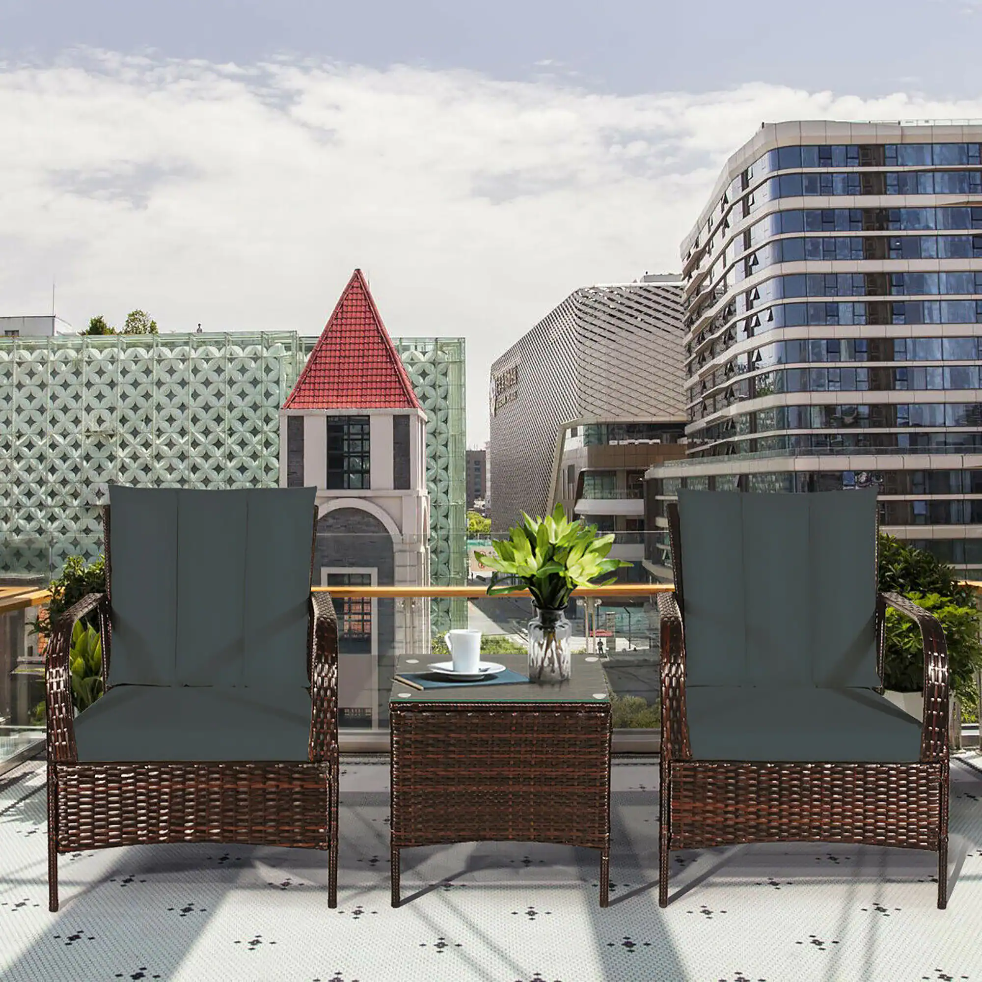 Alt View 1. Costway - 3 PCS Patio Wicker Rattan Furniture Set Coffee Table & 2 Rattan Chair W/Cushions - Dark Gray.