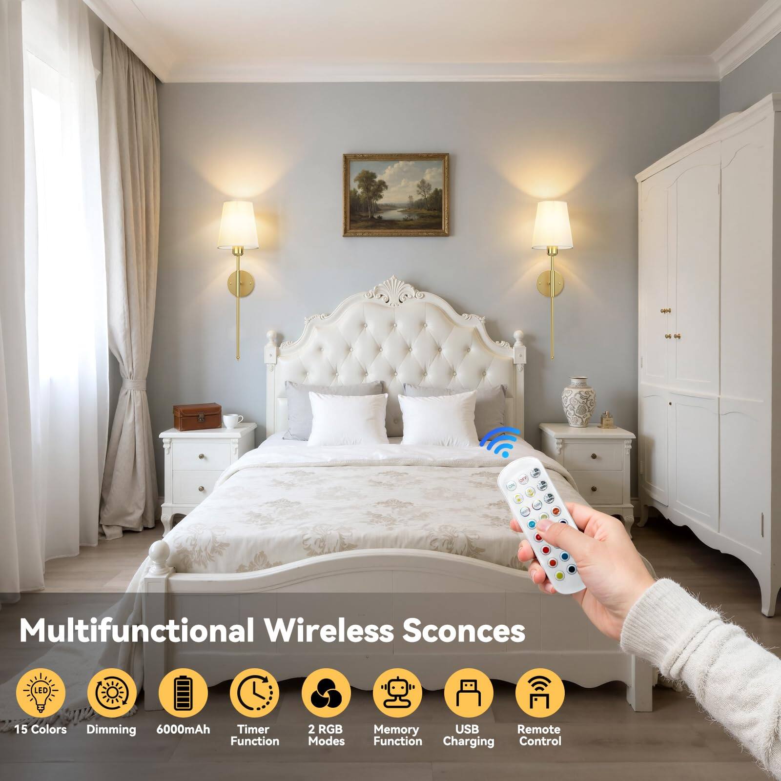 Multifunctional Wireless Sconces

- LED
- 15 Colors
- Dimming
- 6000mAh
- Timer Function
- 2 RGB Modes
- Memory Function
- USB Charging
- Remote Control