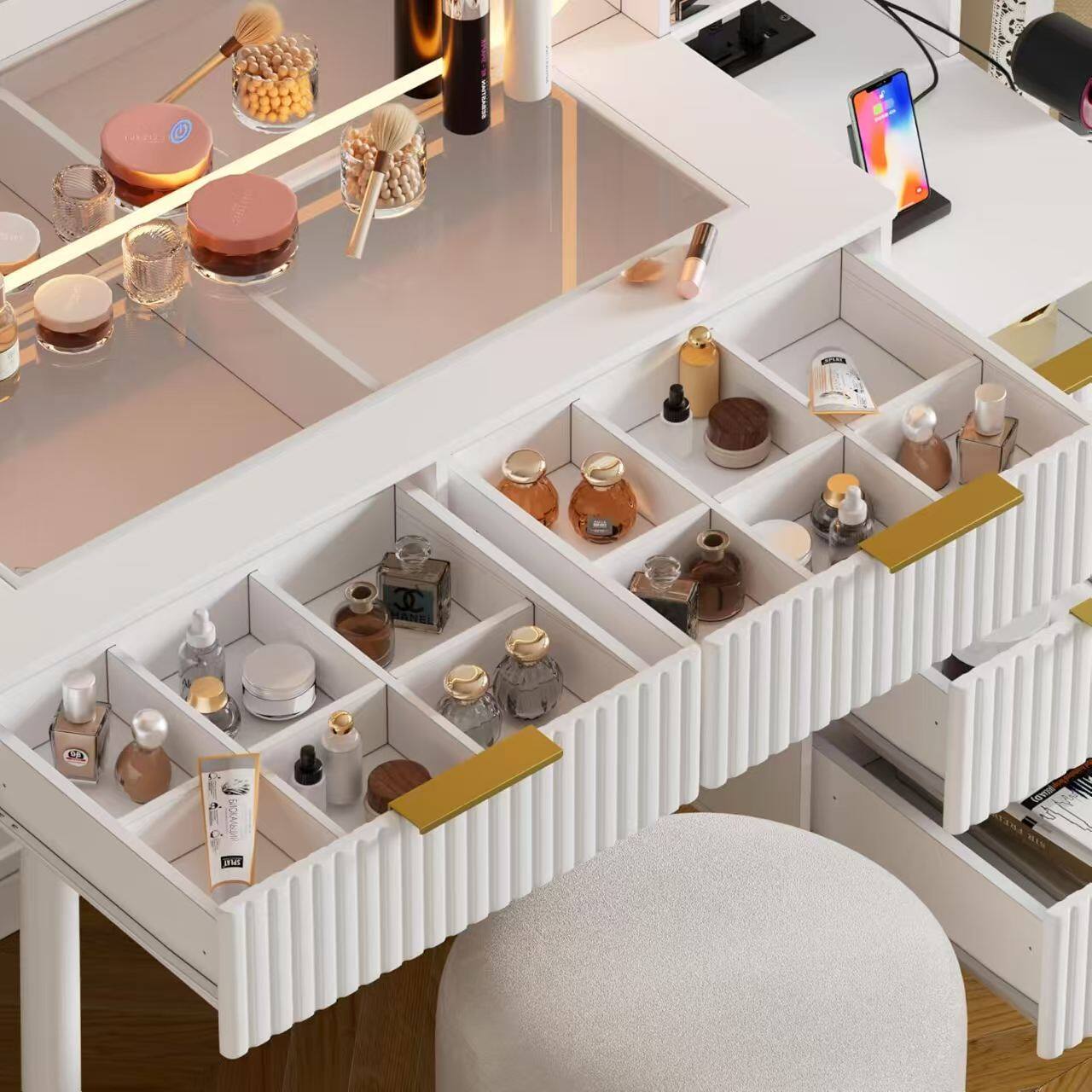 Alt View 1. Ecooso - Makeup Vanity Desk with Mirror and Lights, Glass Top Table with Drawers for Bedroom - White.