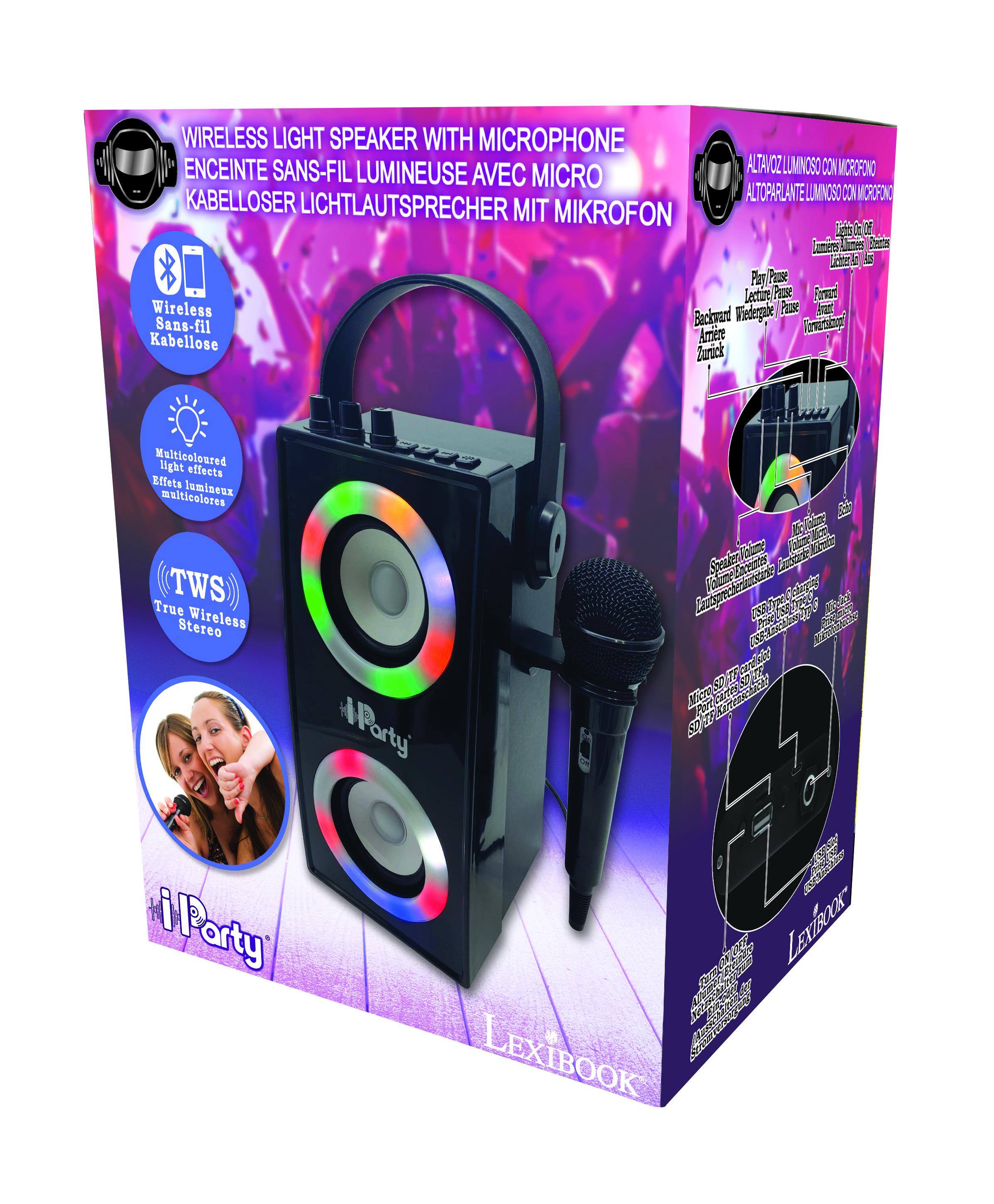 WIRELESS LIGHT SPEAKER WITH MICROPHONE  
ENCEINTE SANS-FIL LUMINEUSE AVEC MICRO  
KABELLOSER LICHTLAUTSPRECHER MIT MIKROFON  

- Wireless Sans-fil Kabellose  
- Multicoloured light effects Effets lumineux multicolores  
- TWS True Wireless Stereo  

iParty  
LEXIBOOK