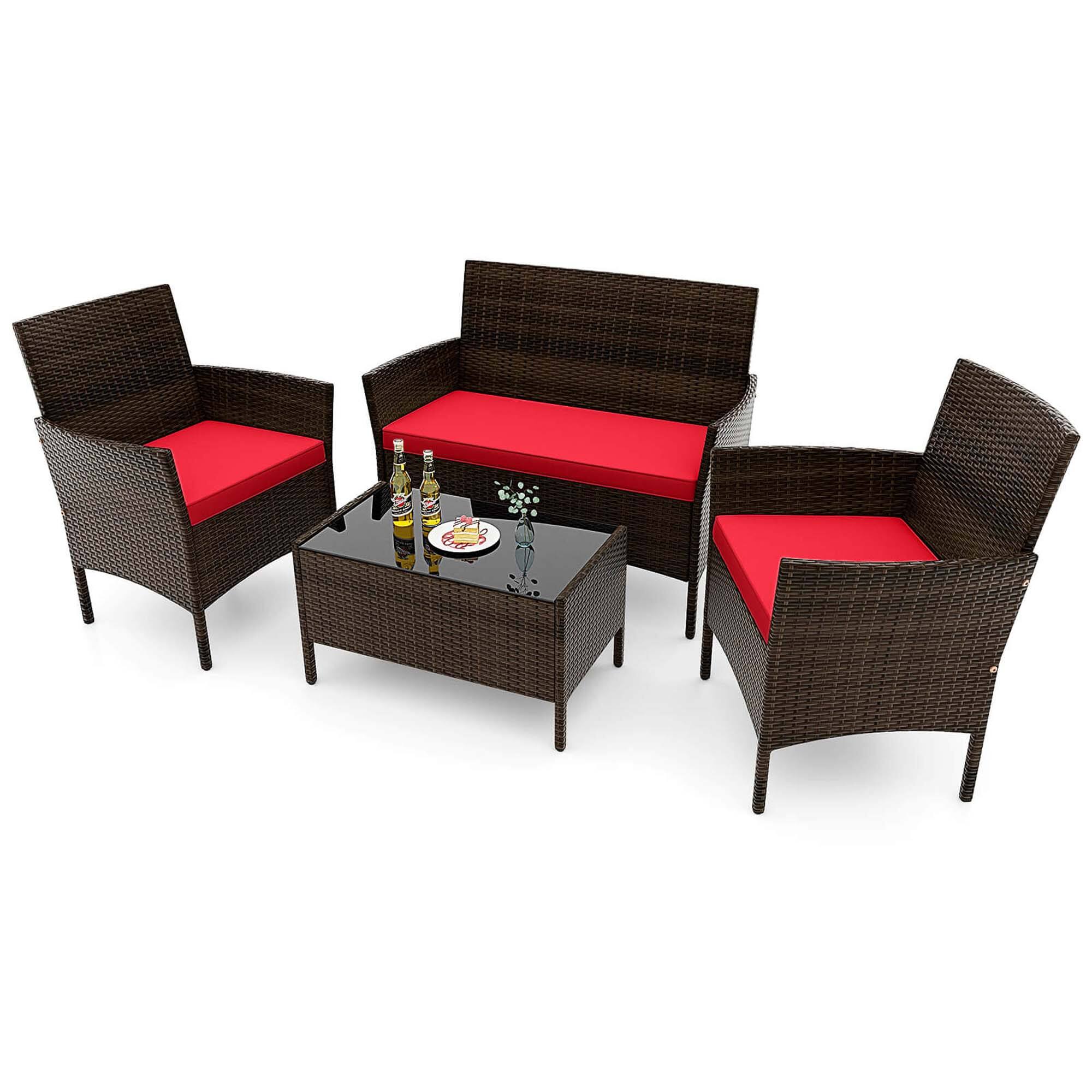 Costway - 4 PCS Patio Furniture Set with Washable Cushions and Tempered Glass Coffee Table - Mix Brown,Red