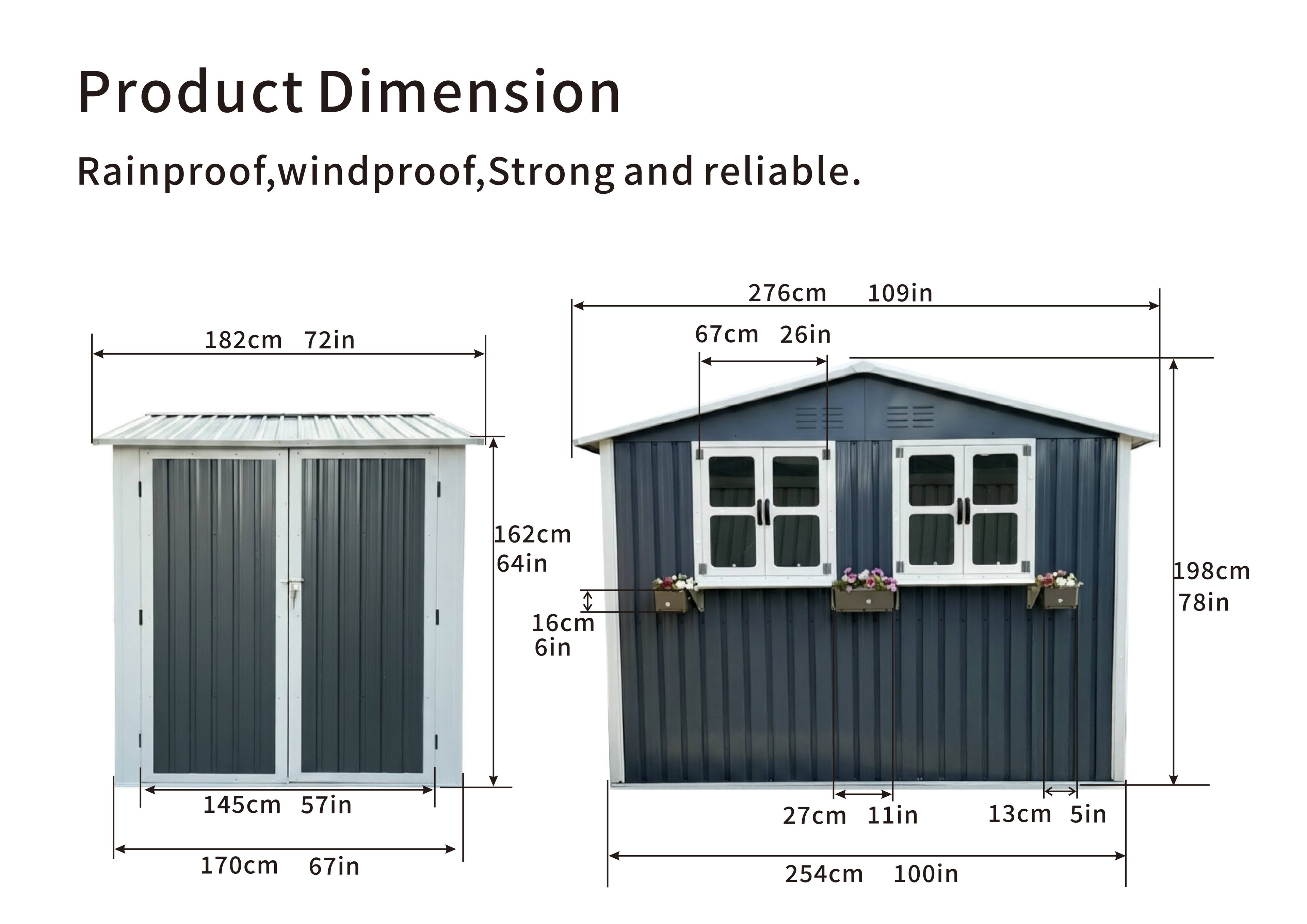 Product Dimension  
Rainproof, windproof, Strong and reliable.

- 276cm 109in
- 182cm 72in
- 162cm 64in
- 16cm 6in
- 145cm 57in
- 170cm 67in
- 67cm 26in
- 198cm 78in
- 27cm 11in
- 13cm 5in
- 254cm 100in