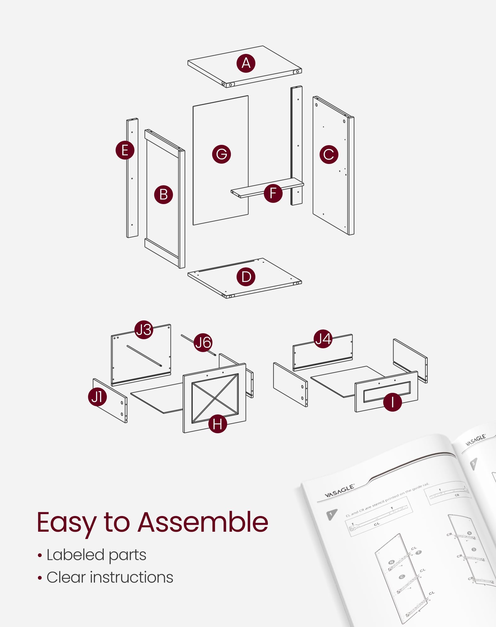 A E G C F D J3 J6 J4 J1 H

VASAGLE

Easy to Assemble

- Labeled parts
- Clear instructions