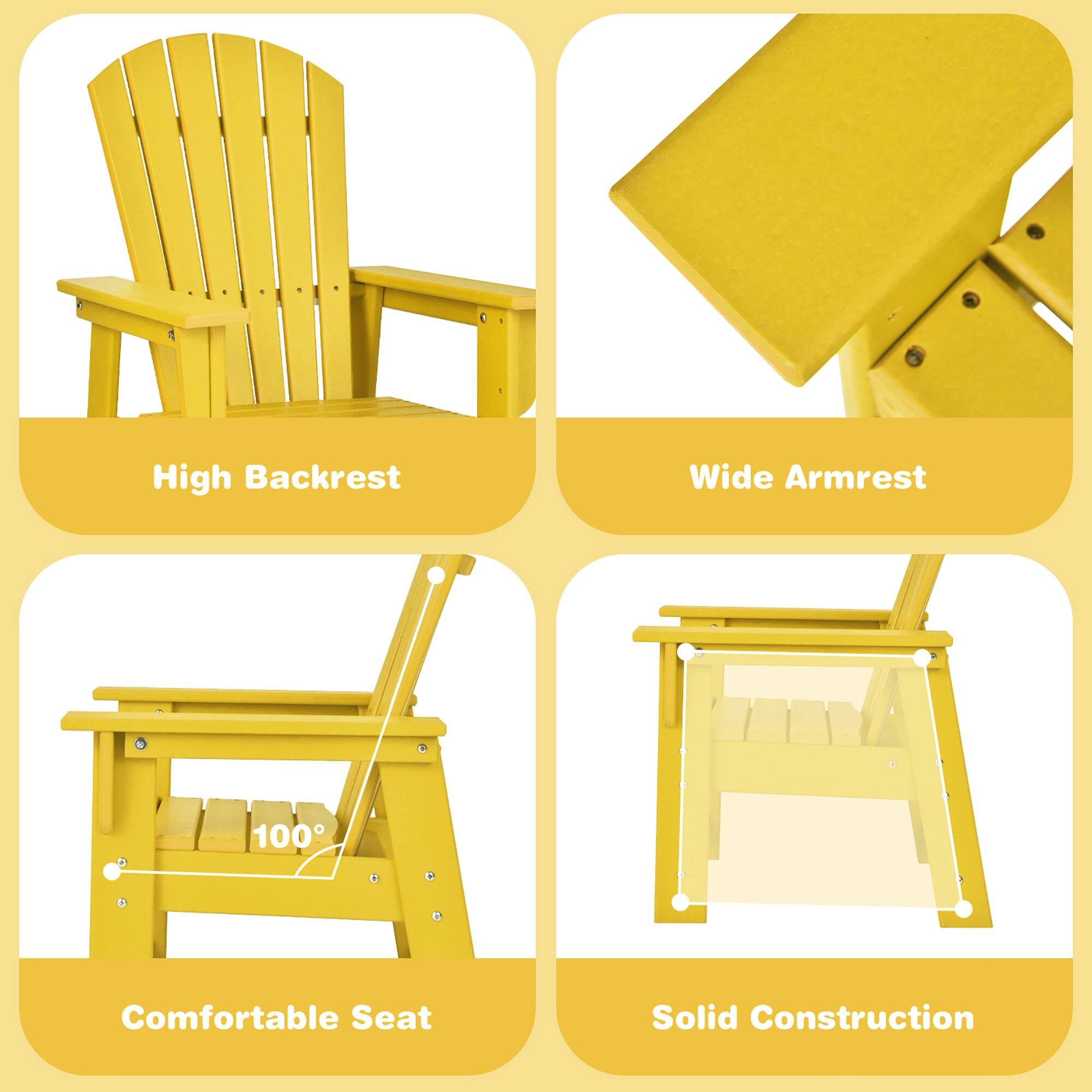 High Backrest  
Wide Armrest  
100°  
Comfortable Seat  
Solid Construction