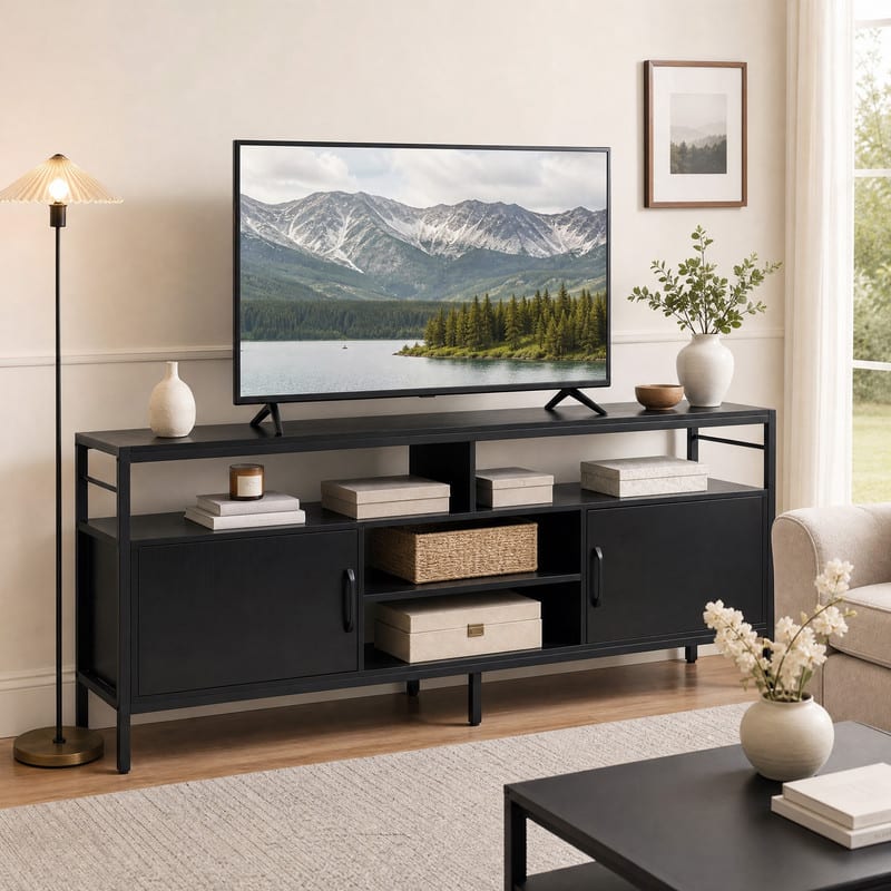 WELLFOR - Industrial TV Stand for 55"/60"/65" Inch TVs with Adjustable Shelf, Entertainment Centre with 2 Door & Open Shelf - Black
