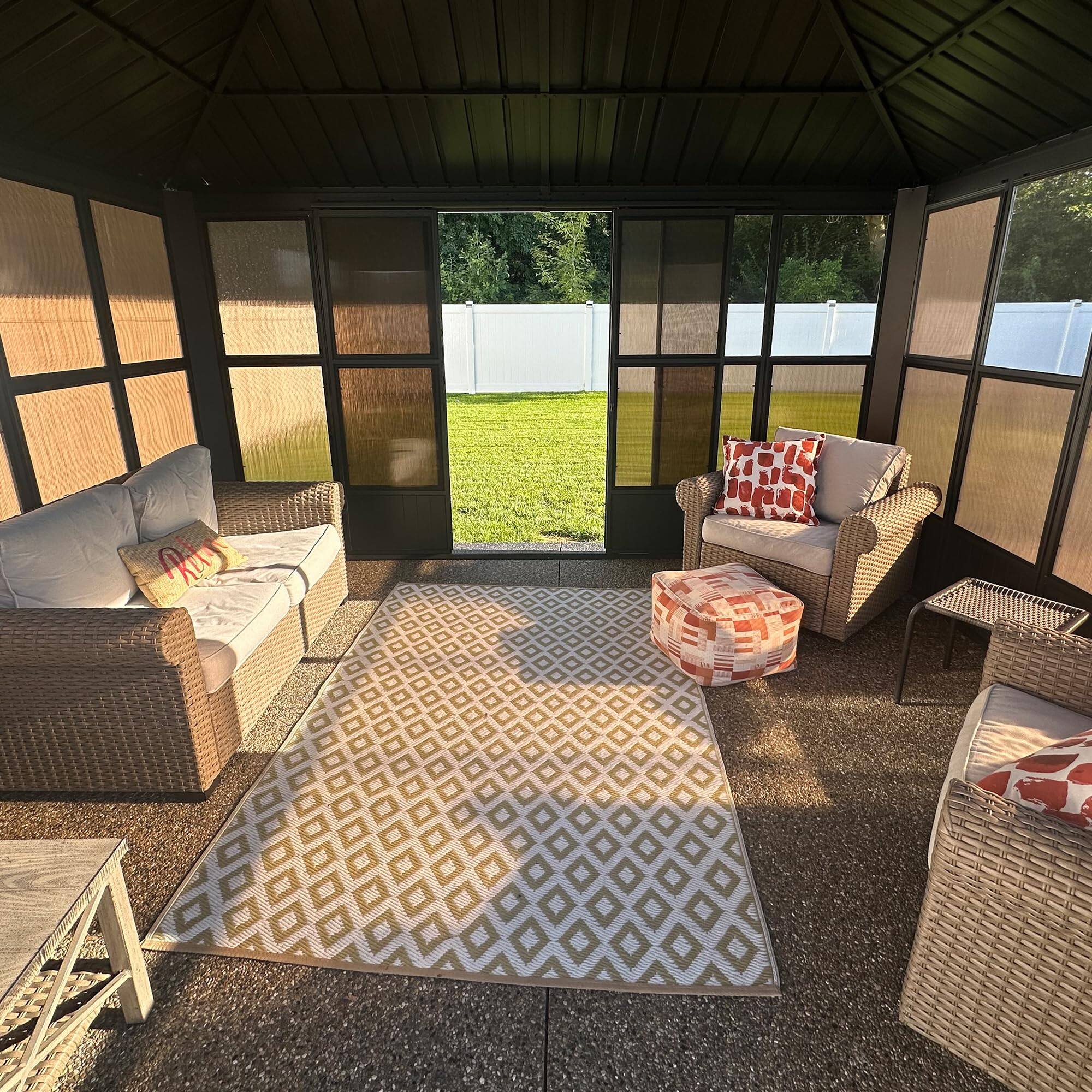 Angle. PURPLE LEAF - Sunroom Outdoor Hardtop Gazebo Gray Aluminum Frame Galvanized Steel Double Roof All-Weather Screen House - 10' X 15'.