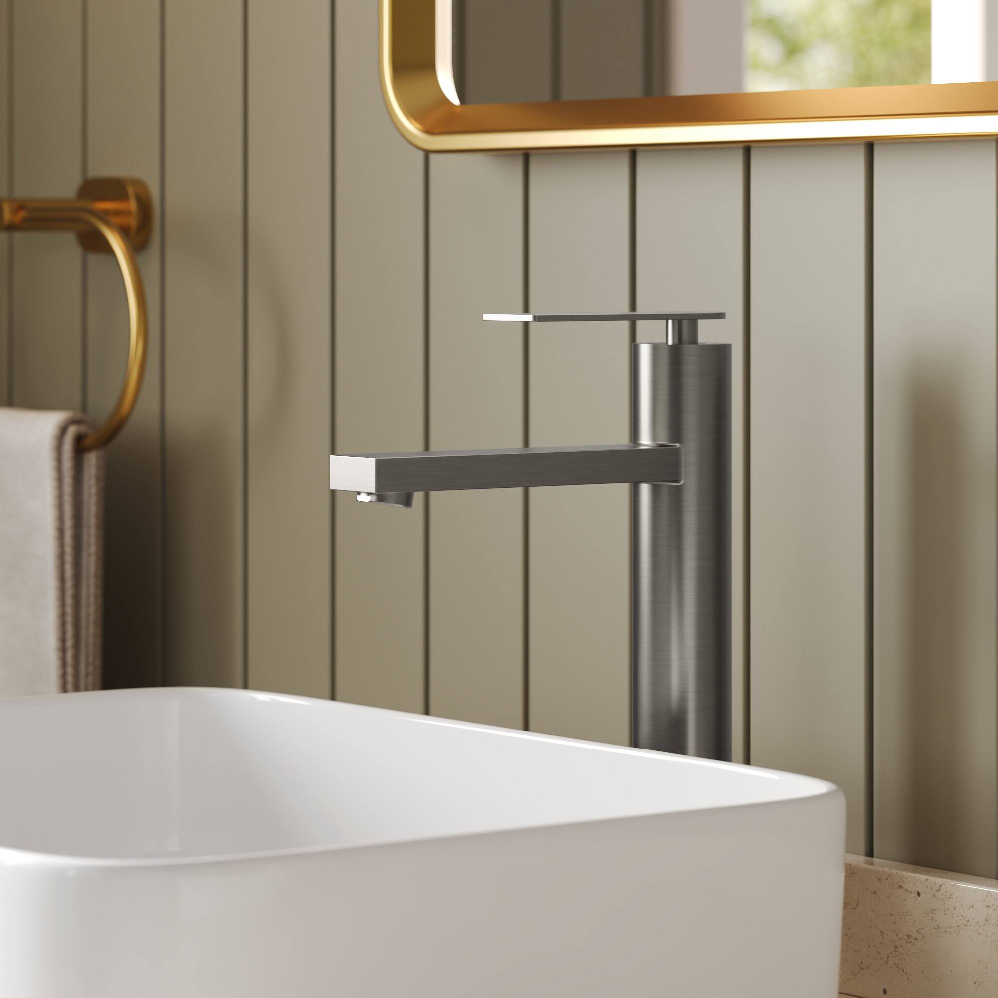 Angle. GRANDJOY - Single Handle Vessel Bathroom Faucet with Pop-Up Drain, 12 in High-Arc Square Spout for Above Counter Sinks - Brushed Nickel.