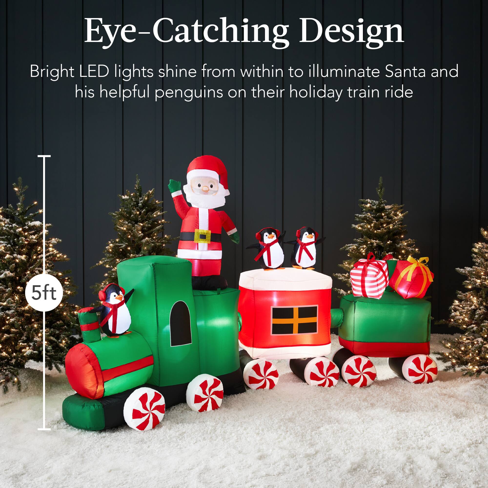 Eye-Catching Design

Bright LED lights shine from within to illuminate Santa and his helpful penguins on their holiday train ride

5ft