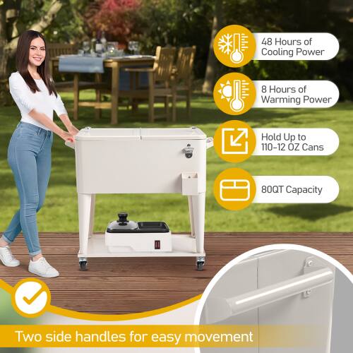 48 Hours of Cooling Power  
8 Hours of Warming Power  
Hold Up to 110-12 OZ Cans  
80QT Capacity  
Two side handles for easy movement