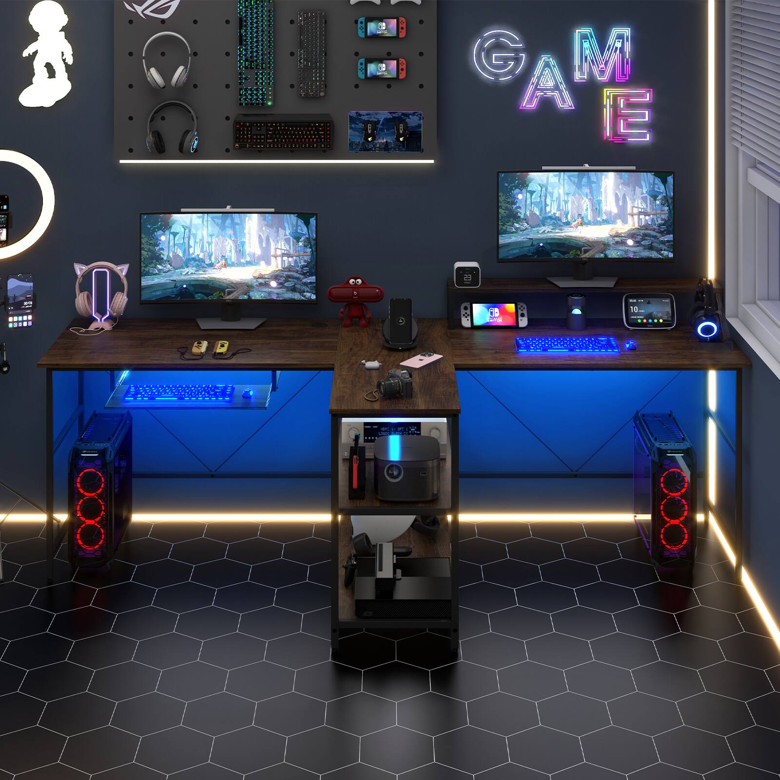 Angle. SlickBlue - 2-Person Long Reversible Computer Desk with LED Lights and Storage Space - Walnut.