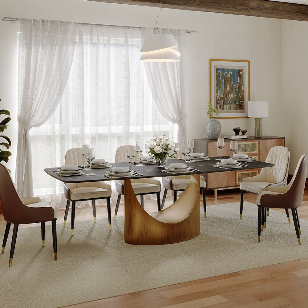 Left. POVISON - 94" Modern Minimalist Dining Table for 10, Black Rectangular Matte Sintered Stone Tabletop, Bronze Carbon Steel Leg - Matte Black Sintered Stone with Bronze.