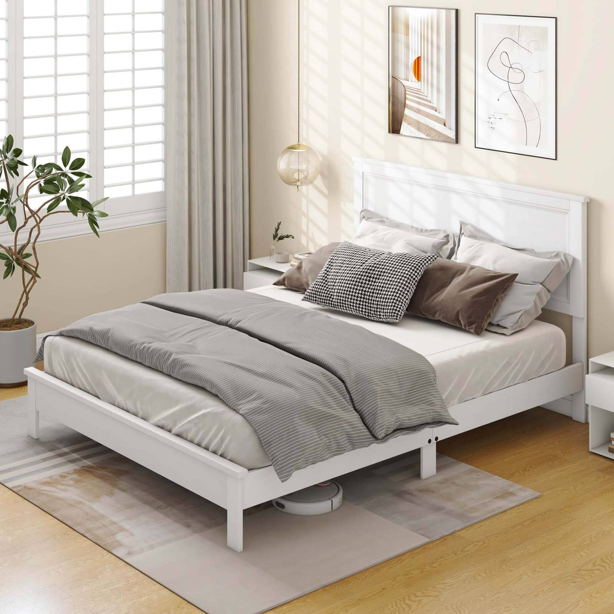Alt View 5. Costway - Queen Size Bed Frame Platform Slat High Headboard Bedroom Rubber Wood Leg - White.