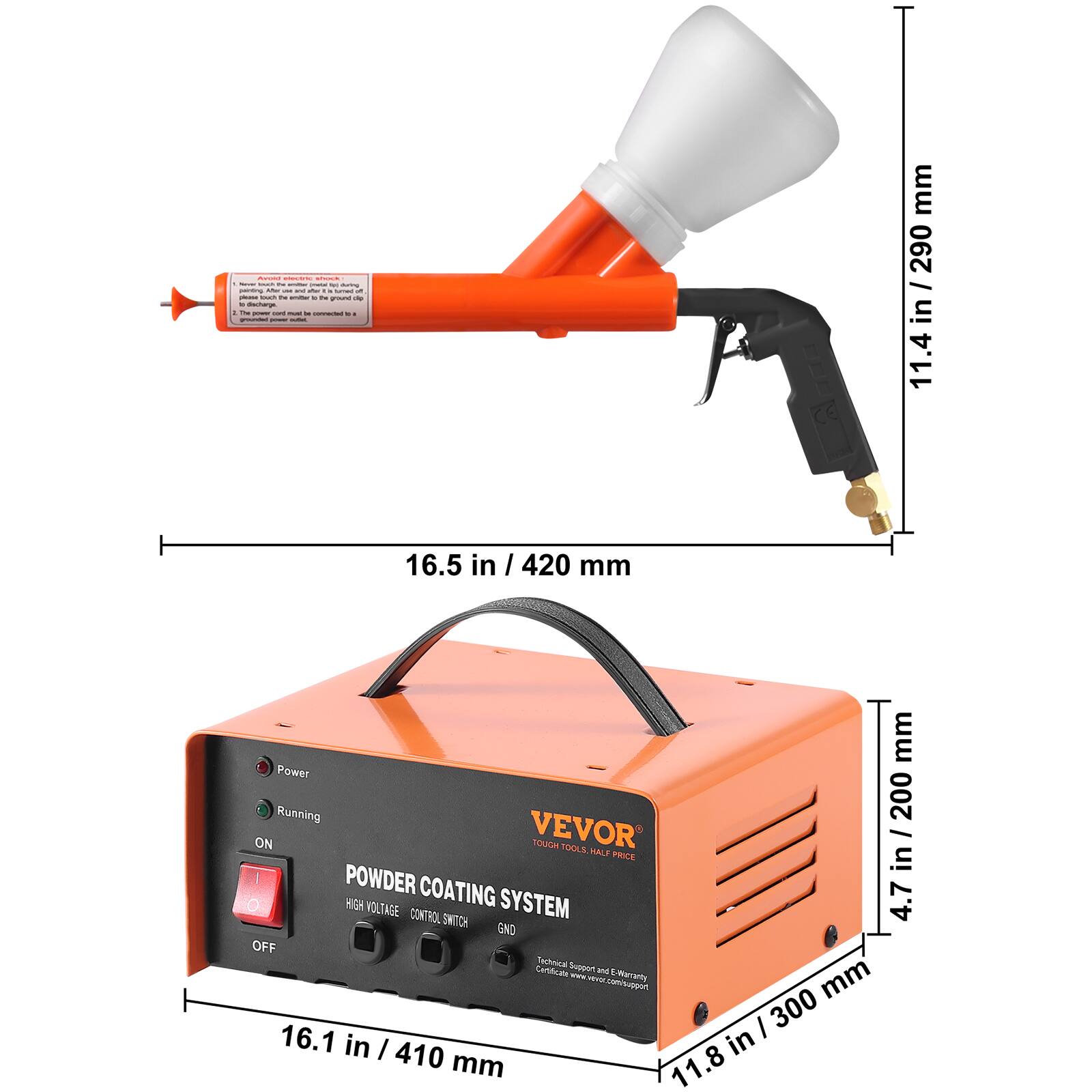 - - - - : - : - - - - - - - - . - . - - - - 1  - - - -  - - I - - - - I : mm 290 : I in 11.4 16.5 in I 420 mm mm Power Running 200 ON VEVOR TOUCH TDOLE HALF PRICE in I POWDER O RIGH COATING SYSTEM 4.7 WOLTAGE CONTROL SWITCH GND OFF Teihma Supger Cotattrs w www Weranty mm notor.cou I 300 16.1 in I in 410 mm 11.8 8.