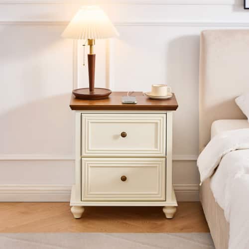 LUCKY ONE - 22.9" Mid Century Nightstand with Charging Station 2 Drawers USB - Brown+White