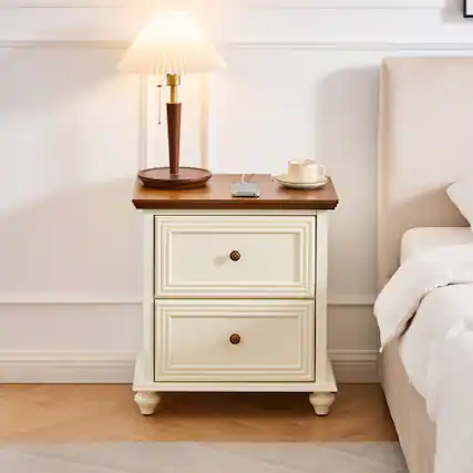 Front. LUCKY ONE - 22.9" Mid Century Nightstand with Charging Station 2 Drawers USB - Brown+White.