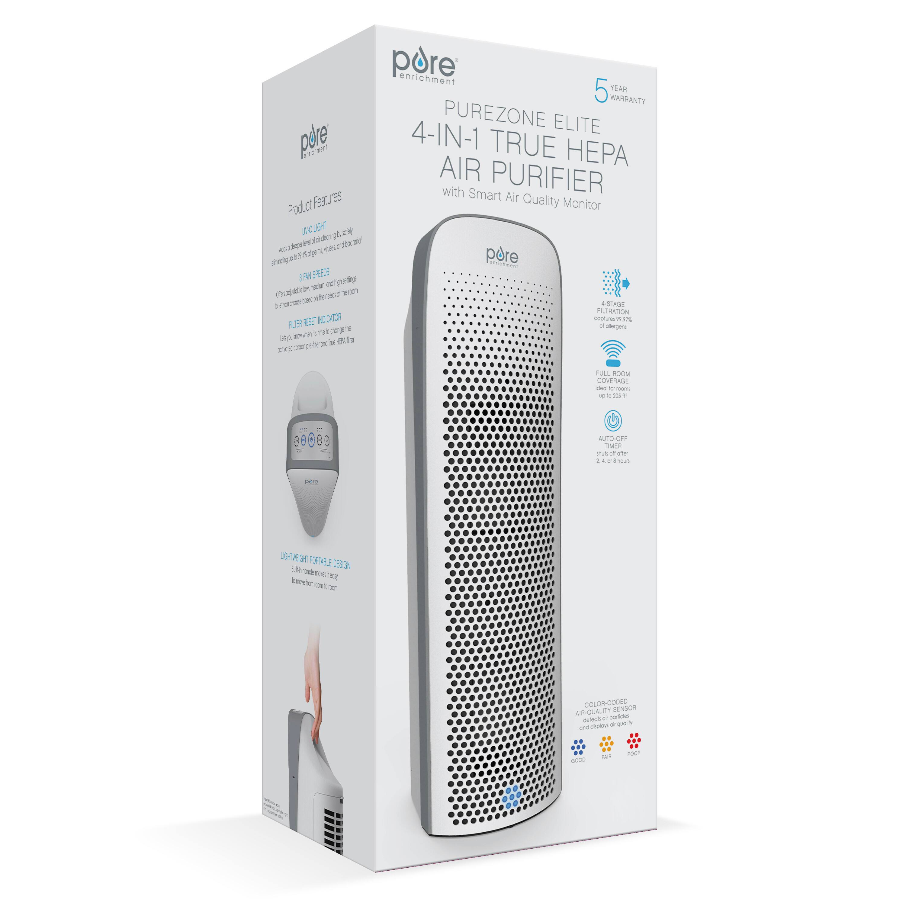 pure enrichment Product Features

PUREZONE ELITE 4-IN-1 TRUE HEPA AIR PURIFIER with Smart Air Quality Monitor

SPEEDS
pore
FILTER HERET NDICATOR de letty
4-STAGE FILTRATION captures 99.97% of allergens
FULL ROOM COVERAGE dea by com if
BB080
AUTO-OFF TIMER shut off after 240 minutes
pore
UGHTINEGHT PORTABLE DESIGN 
COLOR-CODED SENSOR AIR-QUALITY policies detects and displays on qualy
GOOD

POOR