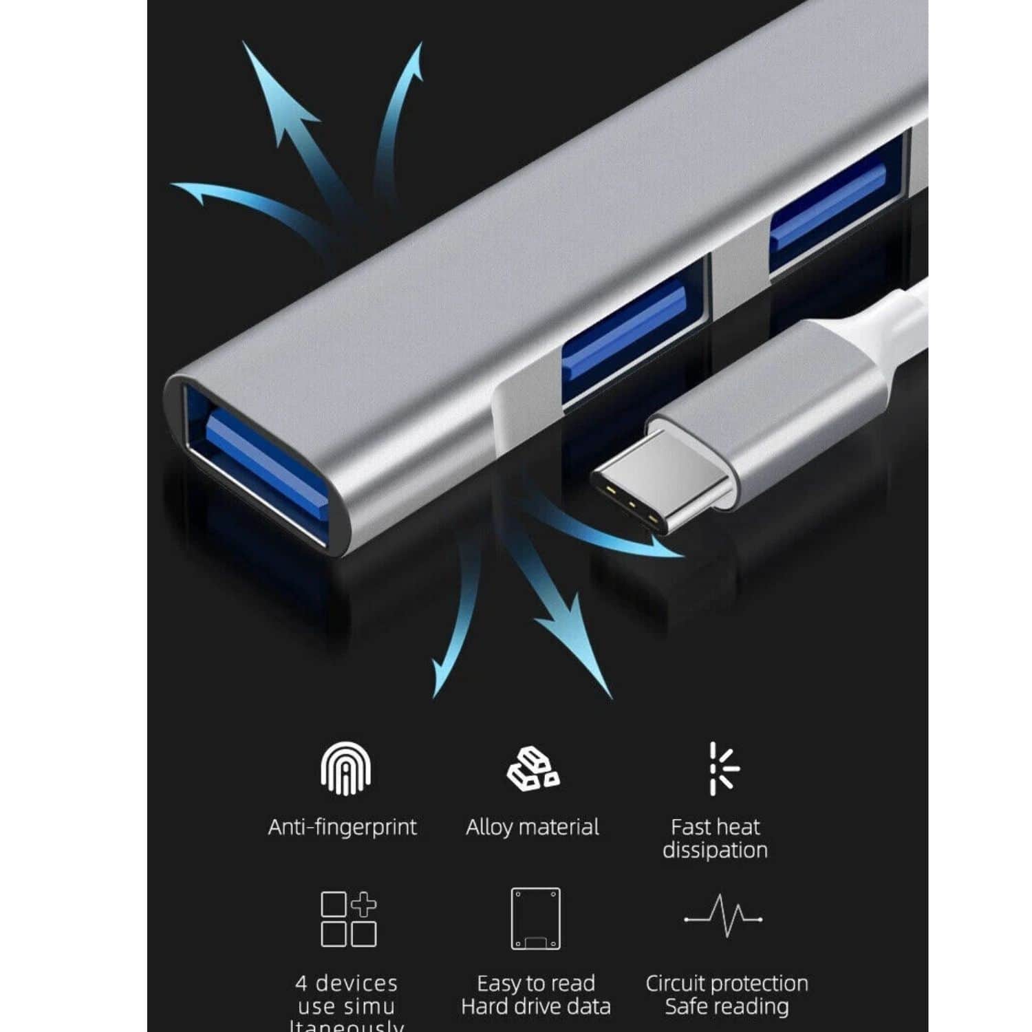 Anti-fingerprint
Alloy material
Fast heat dissipation
4 devices use simultaneously
Easy to read hard drive data
Circuit protection safe reading