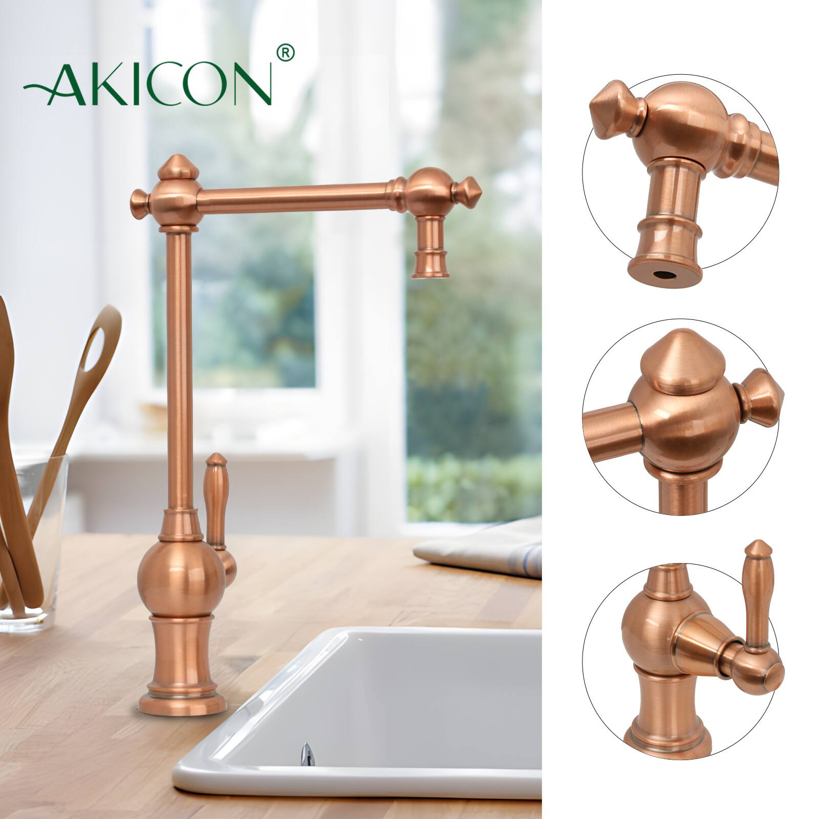 Alt View 2. Akicon - Akicon Solid Brass One-Handle 360° Swivel Kitchen Water Filter Faucet in Copper - Copper.