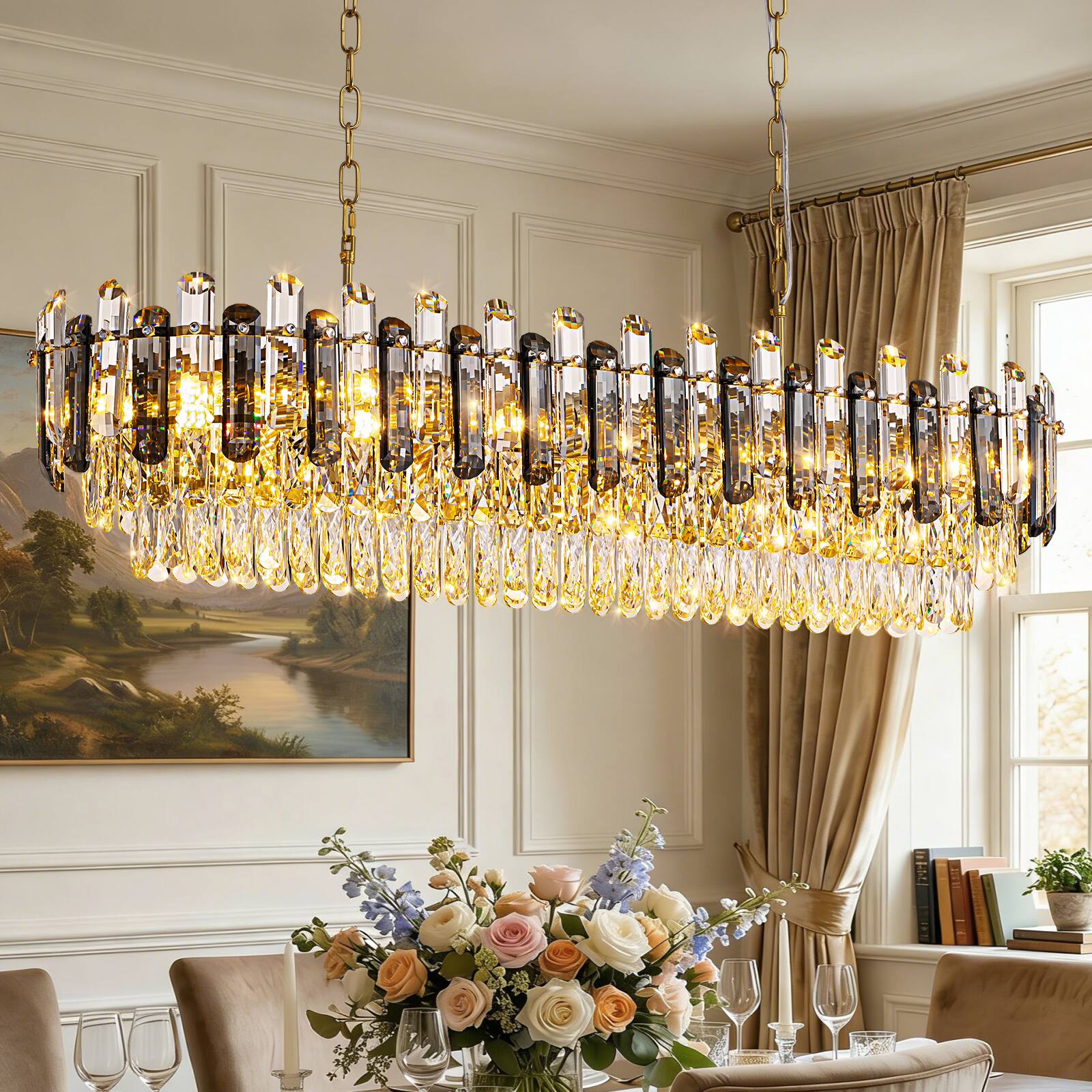 Angle. Siljoy - 47.2-inch Luxury K9 Gold Crystal Chandelier Dimmable Height-Adjustable E12 for Dining Room Kitchen Island Living Room - Gold.