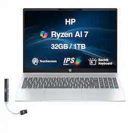 HP - Upgraded - OmniBook 5 Laptop 16.0 WUXGA (AMD Ryzen AI 7 350, 32GB LPDDR5X, 1TB PCIe SSD, Win 11 Pro) w/USB Hub - Glacier Silver