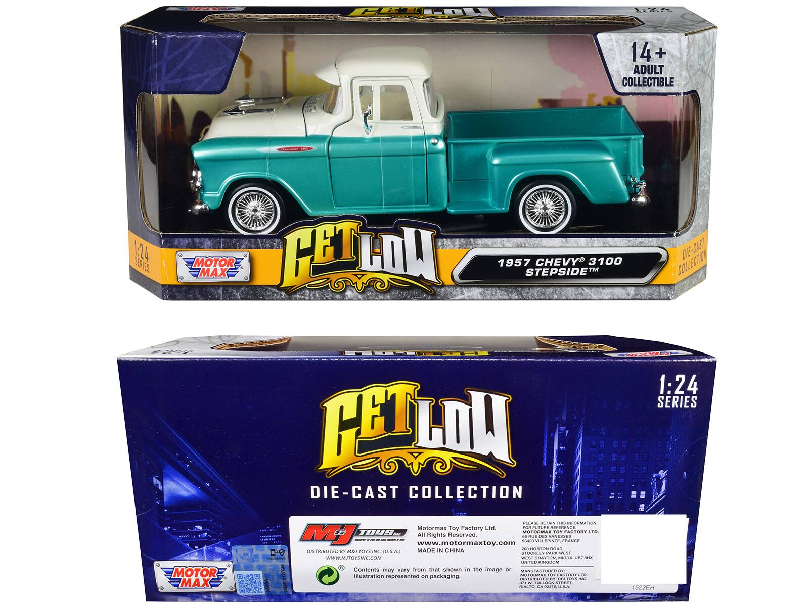 MR FE L2A 14+ ADULT COLLECTIBLE T | 1:24 SERIES MOTOR MAX CETLON 1957 STEPSIDE CHEVY 3100 TM DIE-CAST COLLECTION MOTOR MAX NT CETLDN DIE-CAST COLLECTION PCAN ATON

Motormax Toy Factory Ltd
FORTUTURE REFERENCE IUS MOTORIAS TOT FACTORY TO MJ - All Rights Reserved - I 2 nu.. sintce iCOaTE TRANCE www.motormaxtoy.com MADE IN CHINA - PURTON RA 0-O DISTRIBUTED BY MAI TOYS N U.S.A.] OCMET A WES WWW.MUTOYSINC.COM

EA CAA addade i - UNITED nGON HISTON

Contents may vary from that shown in the image or illustration represented on packaging

1:24 SERIES 1522FH