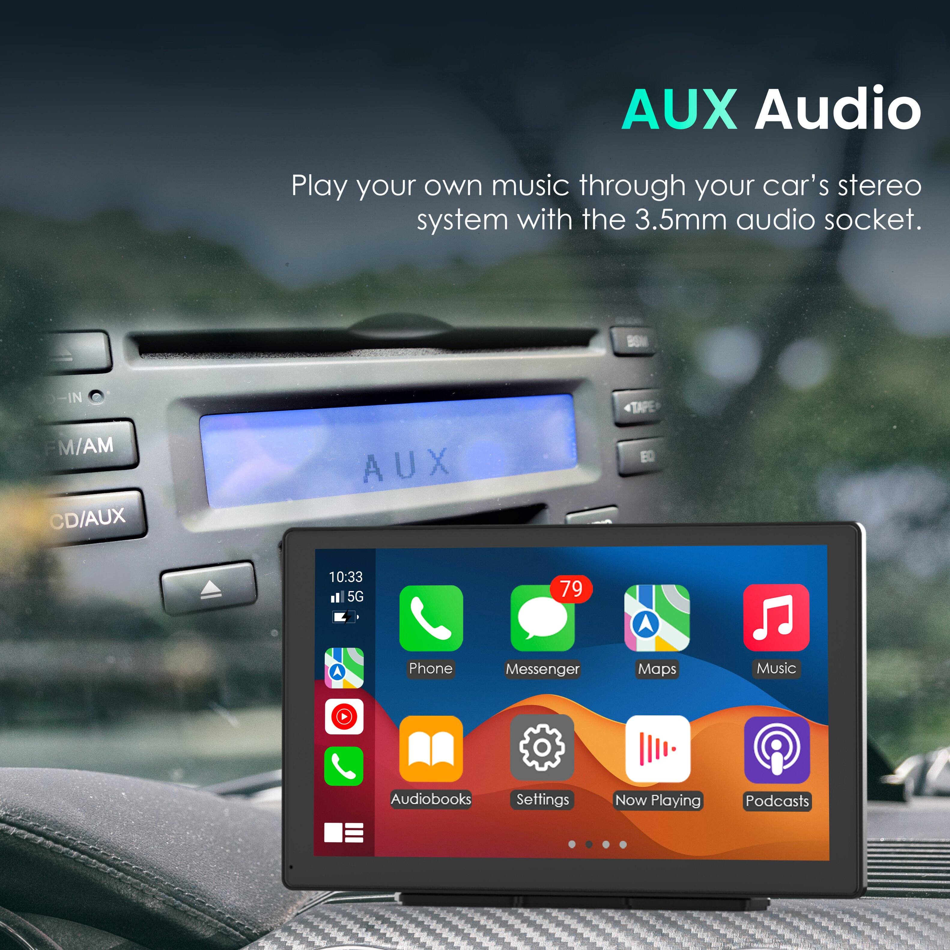AUX Audio, Play your own music through your car's stereo system with the 3.5mm audio socket. D-IN, IN, TAPE, FM/AM, CD/AUX, AUX, 10:33, 5G, 79, A, A, Phone, Messenger, Maps, Music, Audiobooks, Settings, Now Playing, Podcasts.