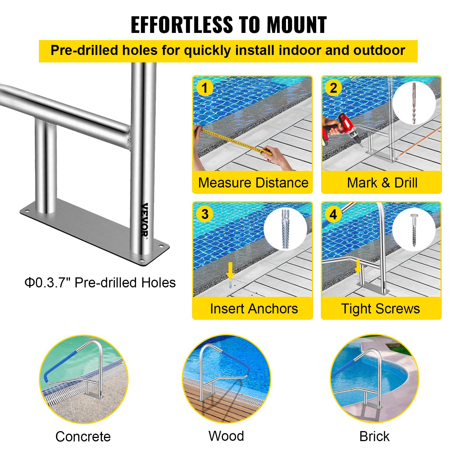 **EFFORTLESS TO MOUNT**

Pre-drilled holes for quickly install indoor and outdoor

1. Measure Distance
2. Mark & Drill
3. Insert Anchors
4. Tight Screws

Φ0.3.7" Pre-drilled Holes

Concrete  
Wood  
Brick