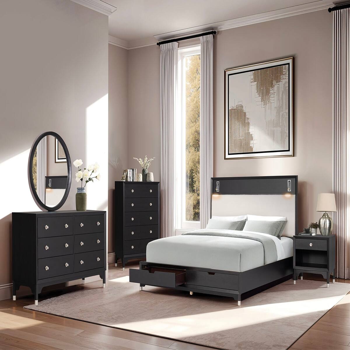 Alt View 4. Loheer - Loheer Black Mid Century Modern Nightstand with USB-A and USB-C Charging Ports - Black.