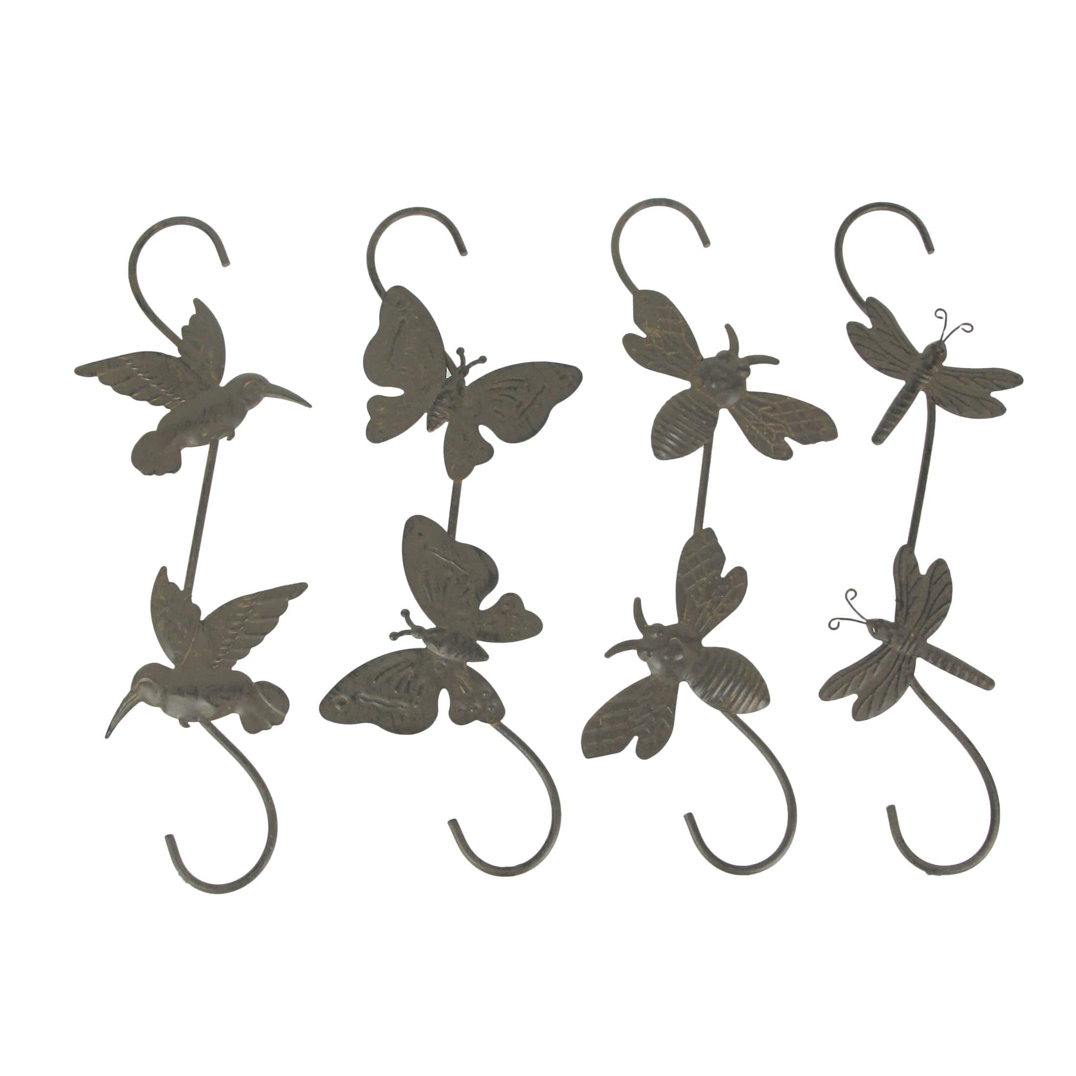 Mayrich Company - Set of 4 Rustic Metal Hook Plant Hangers Hummingbird, Bee, Butterfly, Dragonfly - Brown